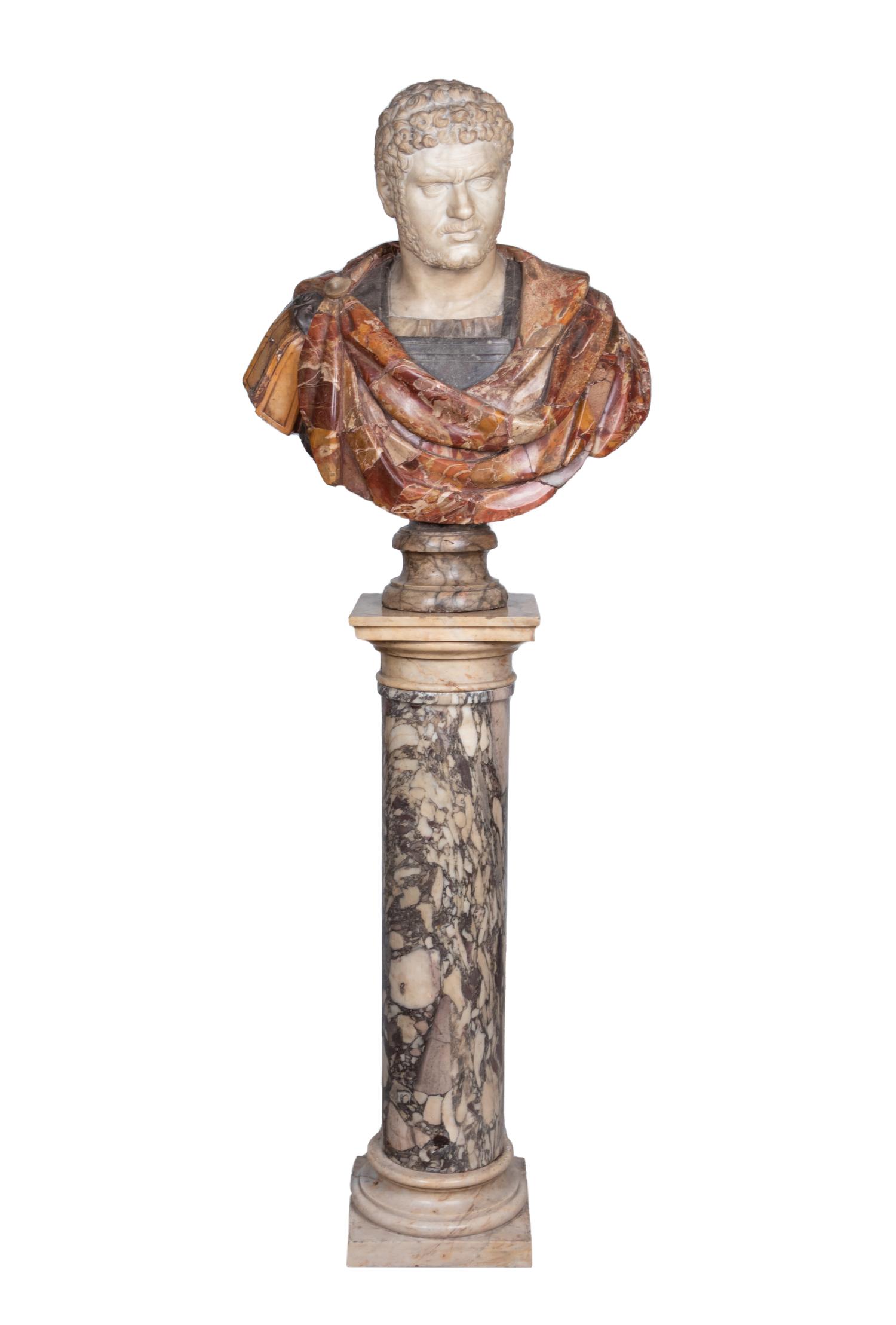 A Mixed Marble Portrait Bust of Caracalla with a Continental Marble Column