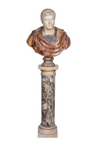A Mixed Marble Portrait Bust of Caracalla with a Continental Marble Column