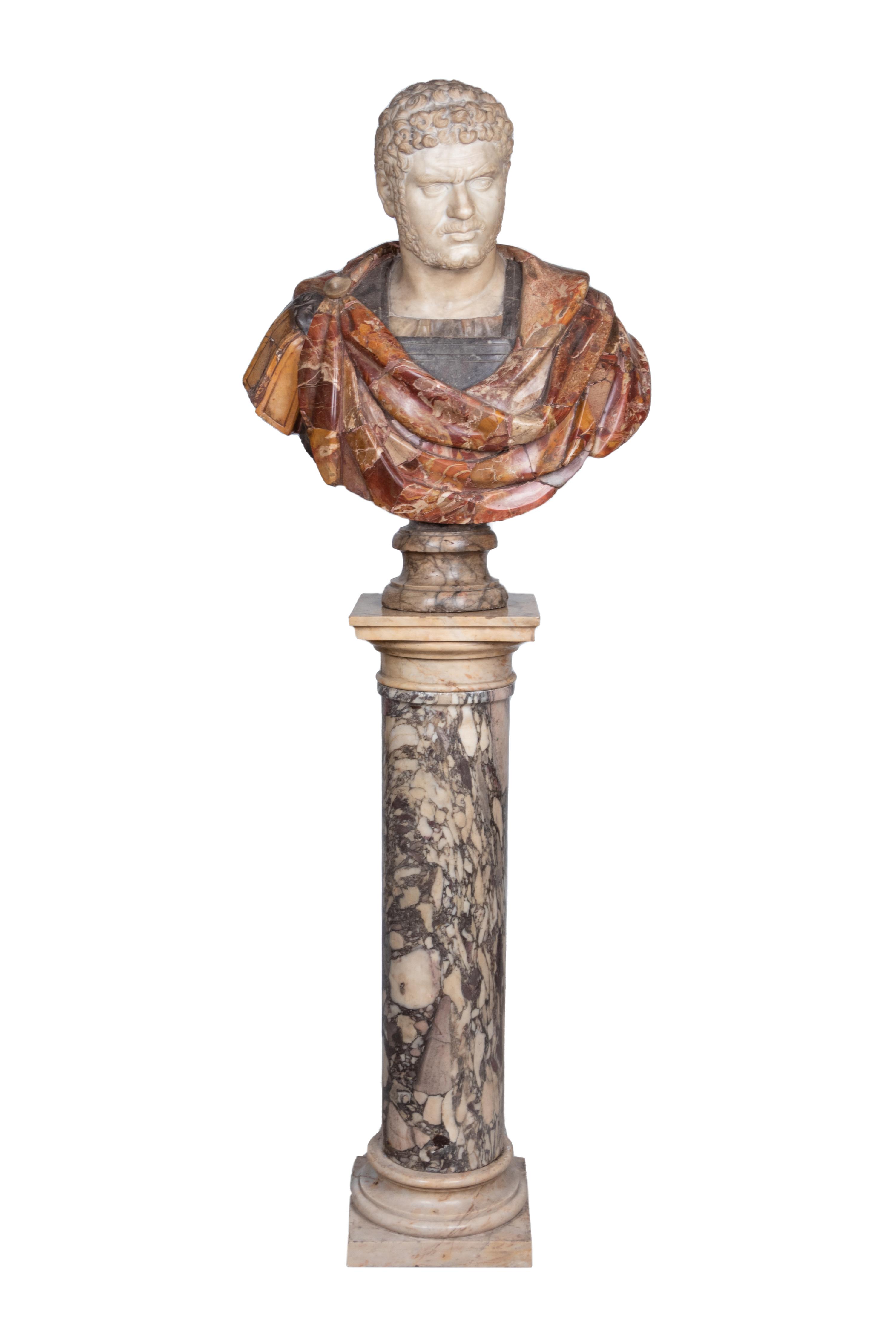 A Mixed Marble Portrait Bust of Caracalla with a Continental Marble Column