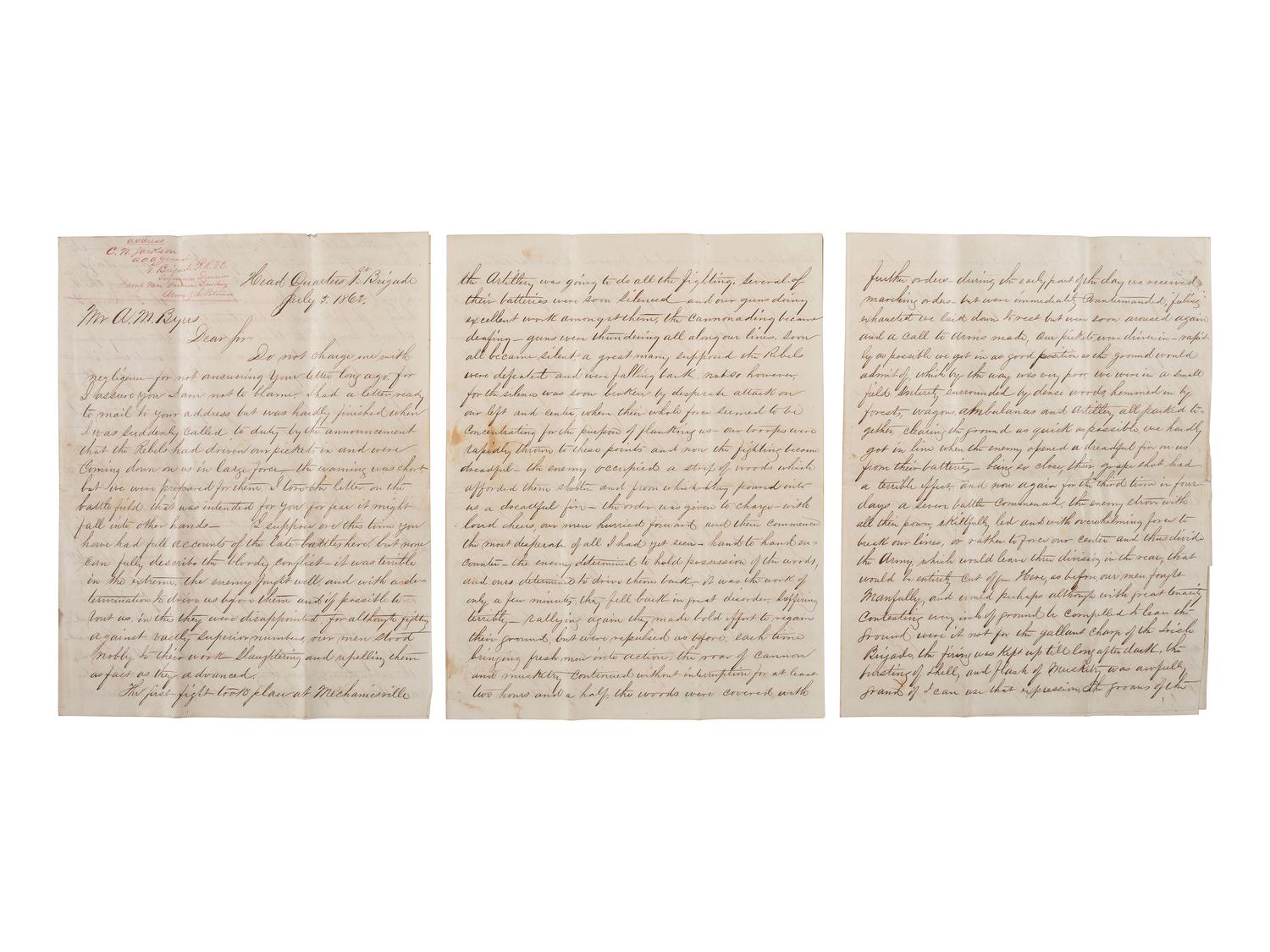 [CIVIL WAR]. JACKSON, AAAG Charles N. (1840-1866). A detailed 12pp letter describing the Seven Days' Battles written by an officer of the Pennsylvania Reserves, which sustained heavy losses during the engagements.