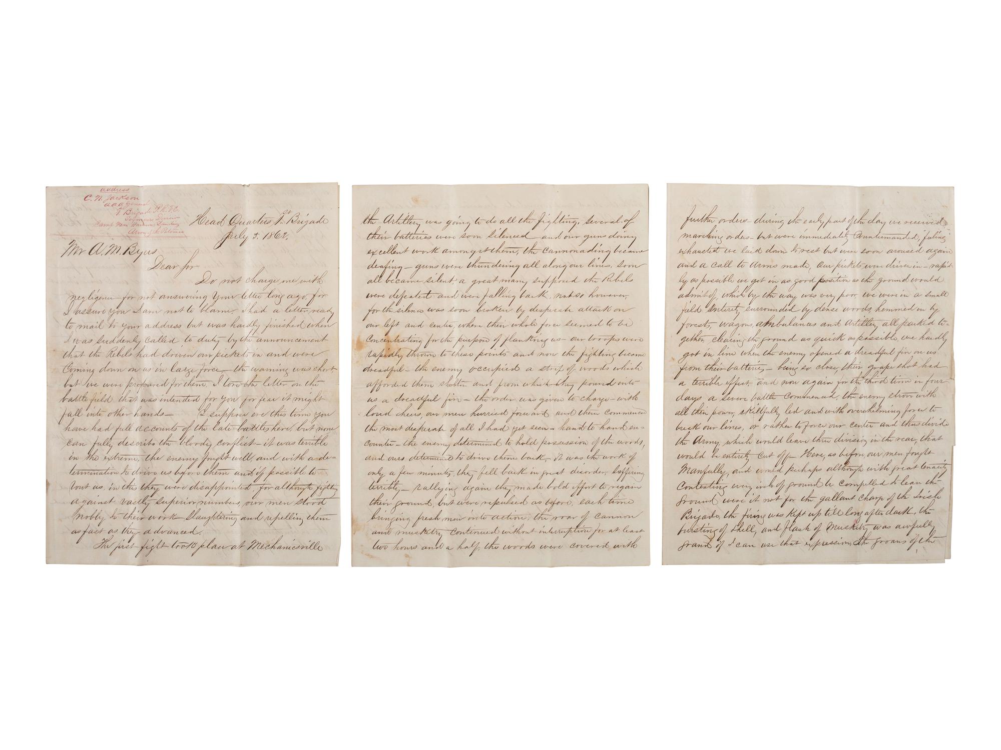[CIVIL WAR]. JACKSON, AAAG Charles N. (1840-1866). A detailed 12pp letter describing the Seven Days' Battles written by an officer of the Pennsylvania Reserves, which sustained heavy losses during the engagements.