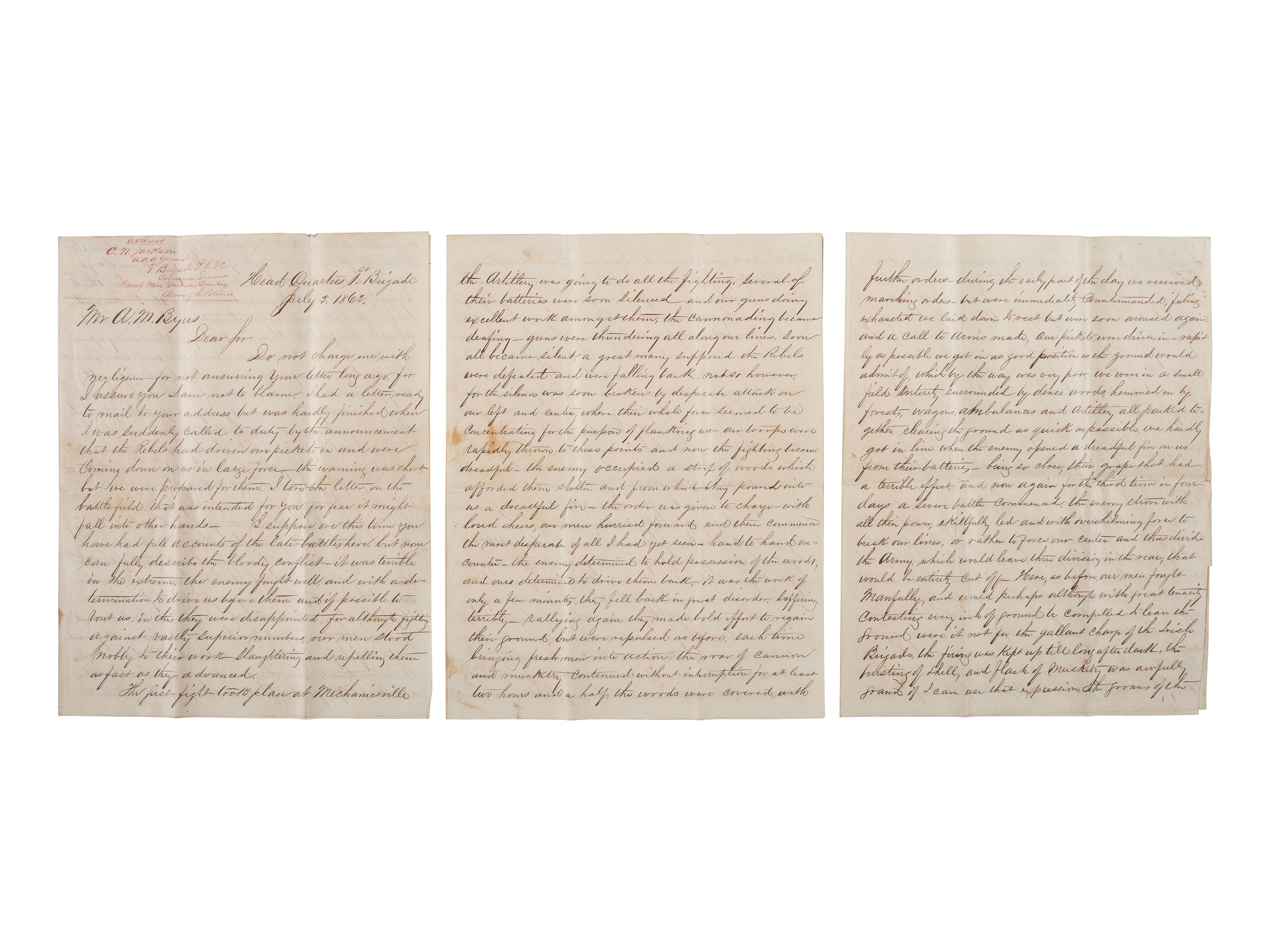 [CIVIL WAR]. JACKSON, AAAG Charles N. (1840-1866). A detailed 12pp letter describing the Seven Days' Battles written by an officer of the Pennsylvania Reserves, which sustained heavy losses during the engagements.