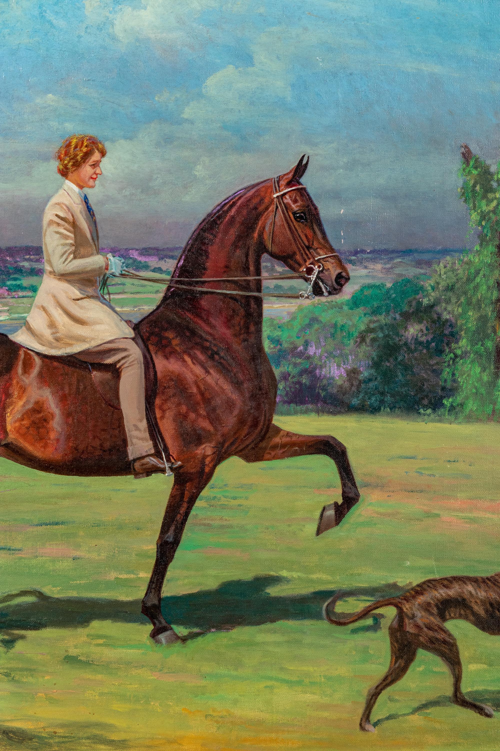 Woman Riding Horseback with Dogs