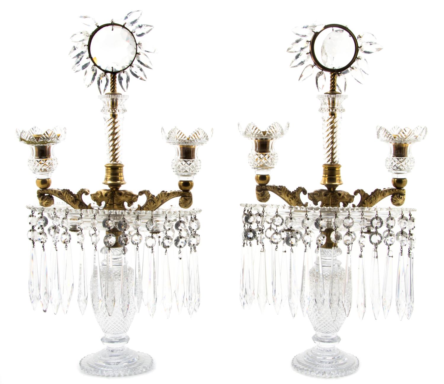 A Pair of Victorian Gilt Metal and Crystal Two-Light Girandoles, Height 19 1/2 inches.