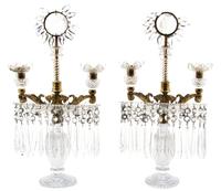 A Pair of Victorian Gilt Metal and Crystal Two-Light Girandoles, Height 19 1/2 inches.