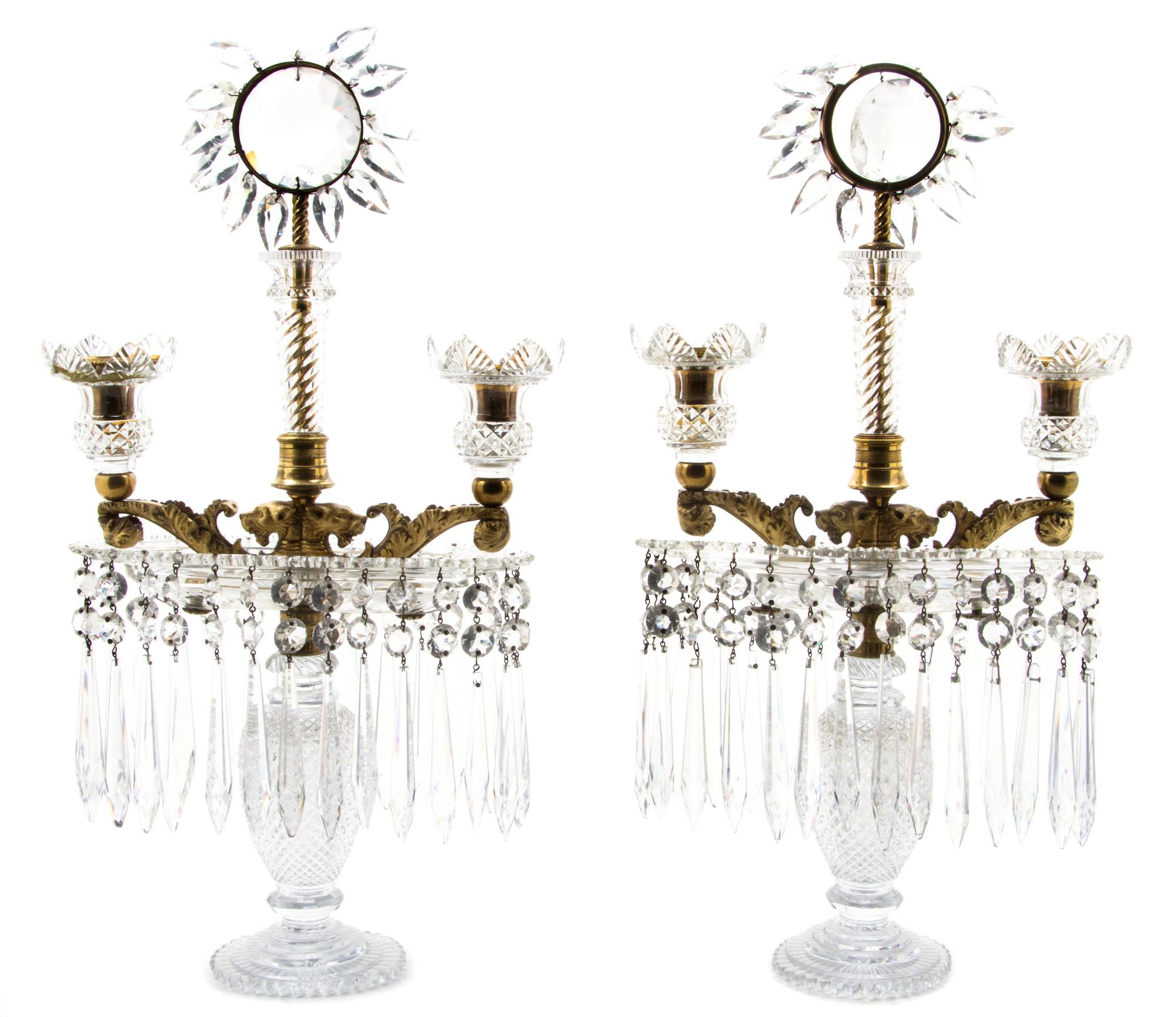 A Pair of Victorian Gilt Metal and Crystal Two-Light Girandoles, Height 19 1/2 inches.