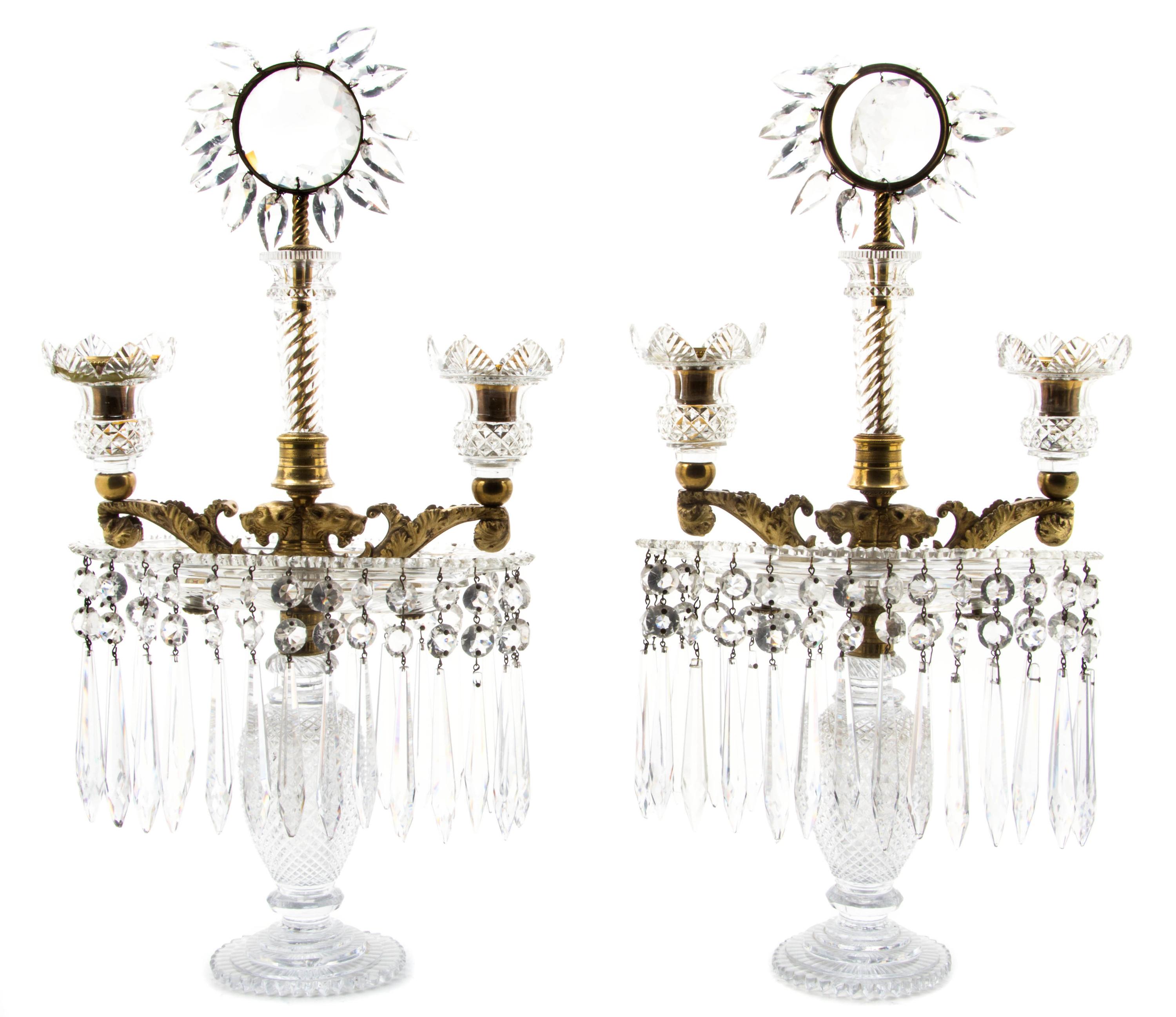 A Pair of Victorian Gilt Metal and Crystal Two-Light Girandoles, Height 19 1/2 inches.