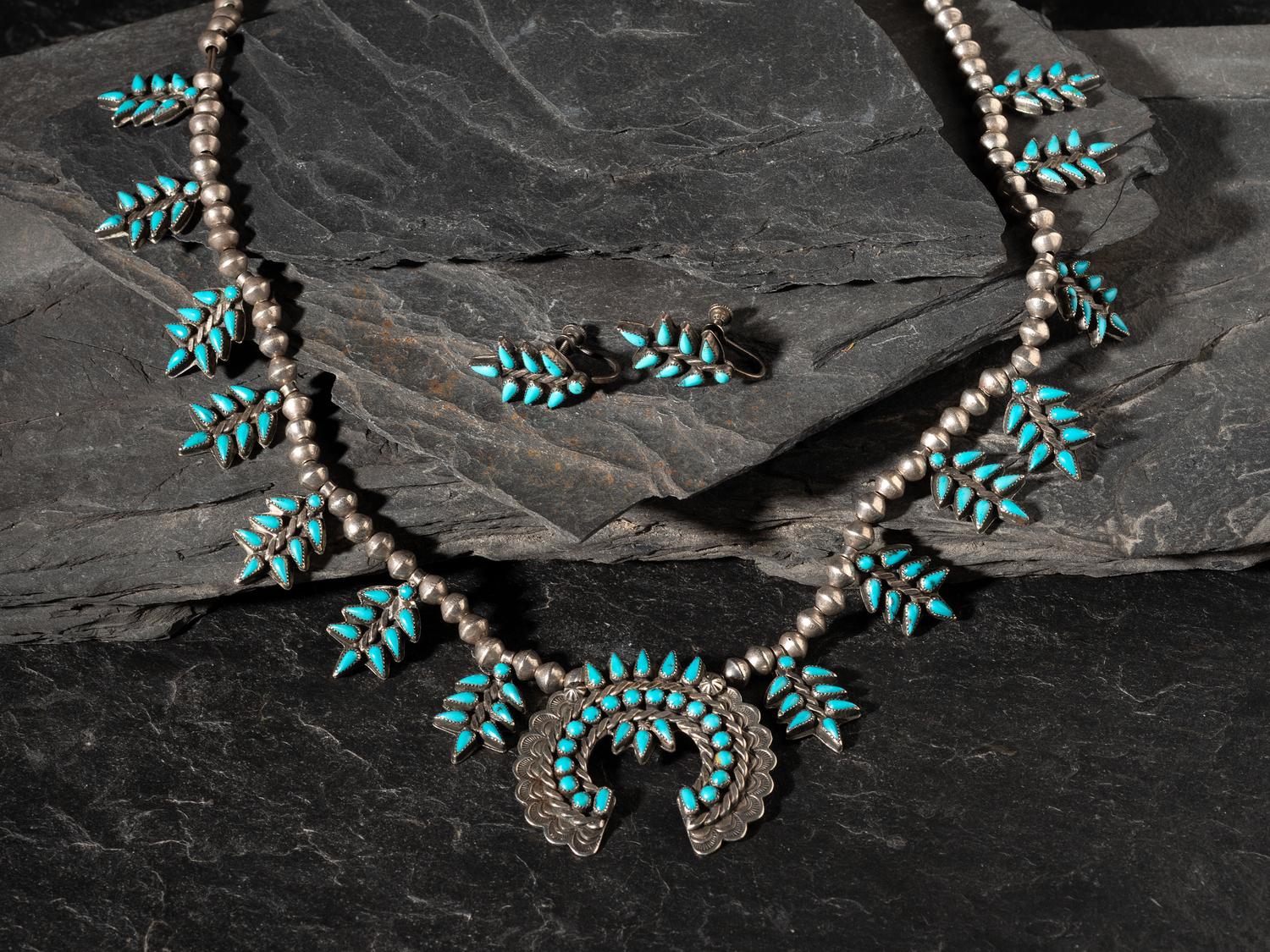 Zuni or Navajo Child's Petit Point Turquoise and Silver Squash Blossom Necklace with Earrings