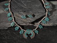 Zuni or Navajo Child's Petit Point Turquoise and Silver Squash Blossom Necklace with Earrings