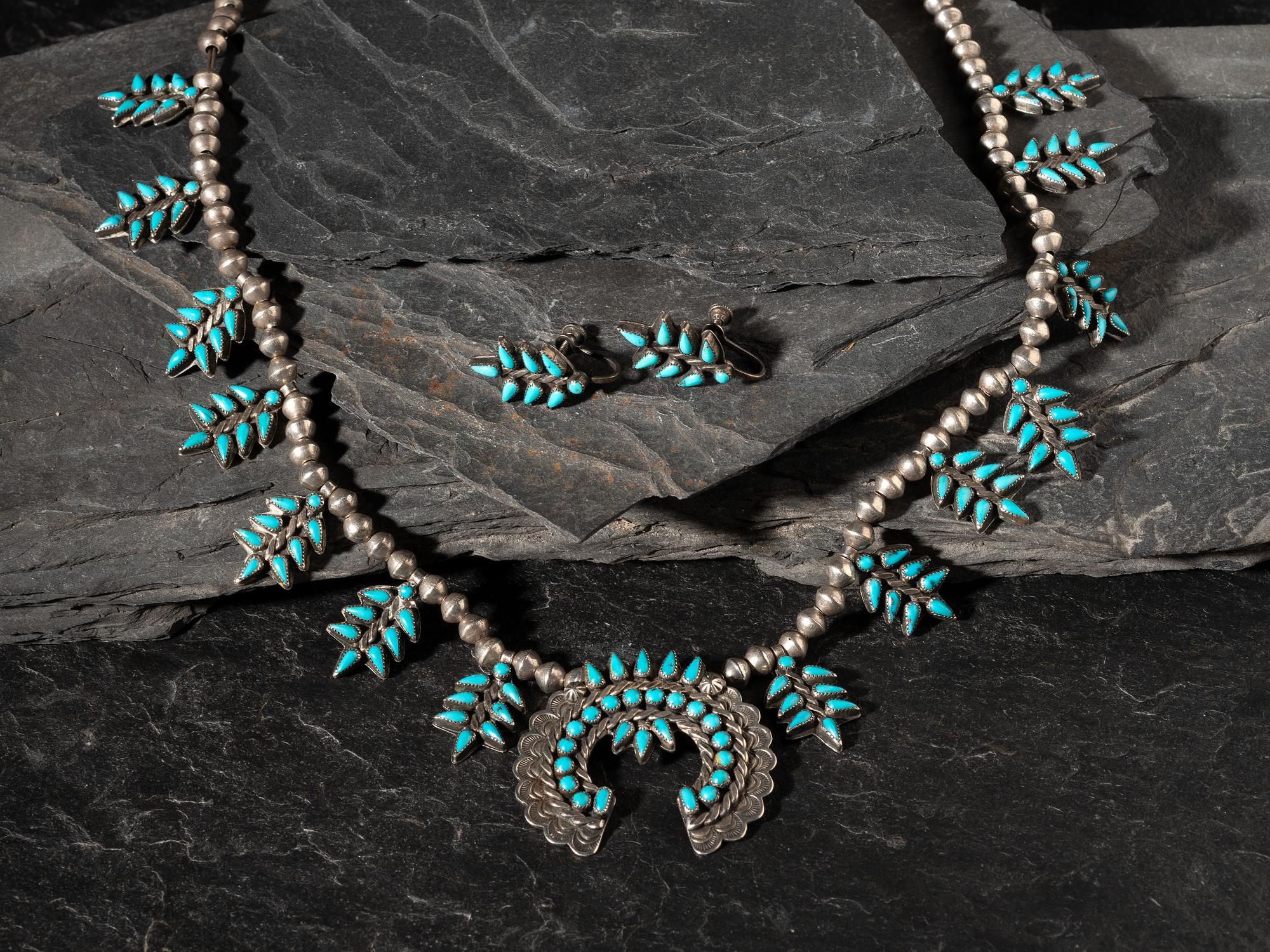Zuni or Navajo Child's Petit Point Turquoise and Silver Squash Blossom Necklace with Earrings