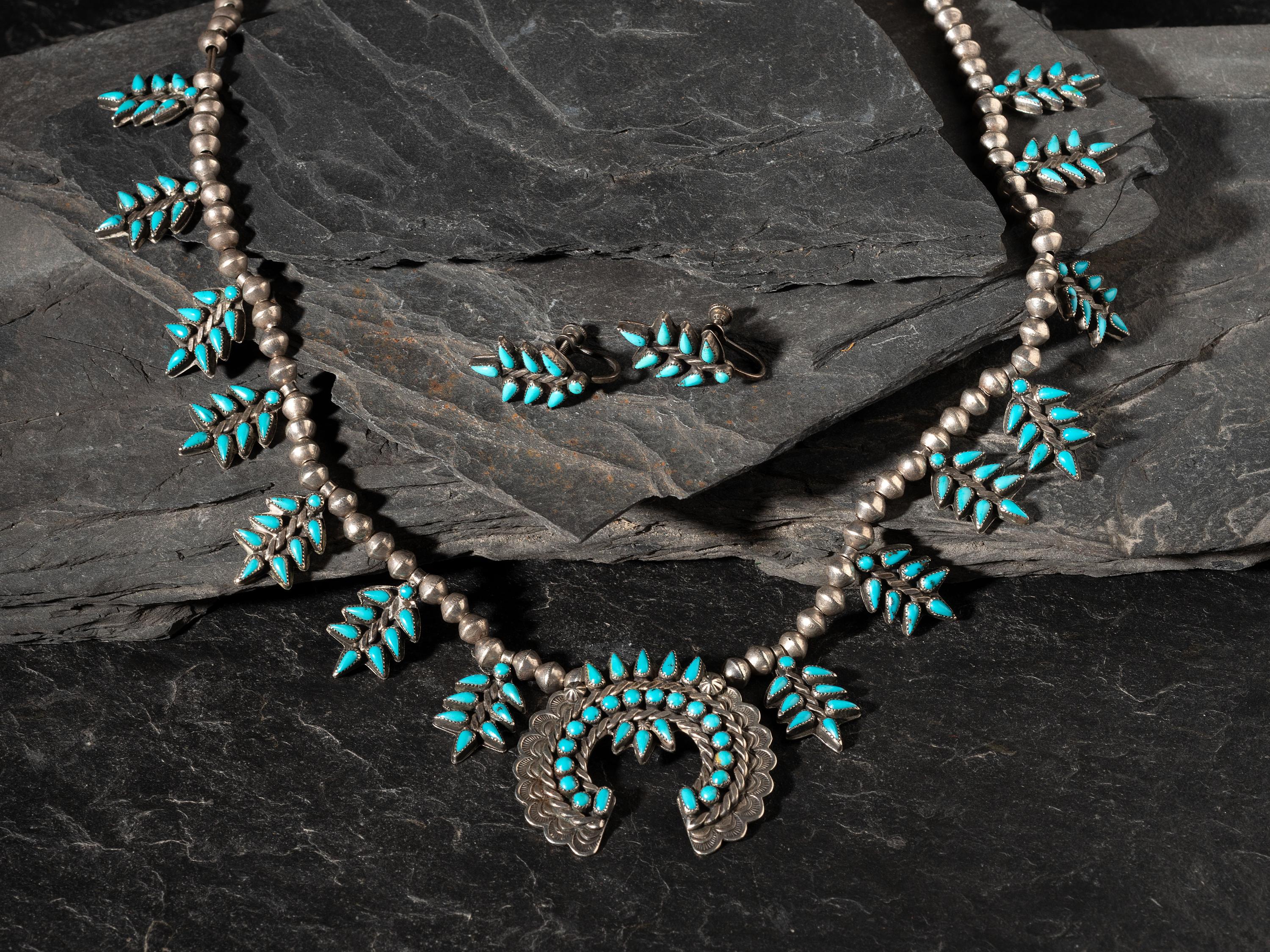Zuni or Navajo Child's Petit Point Turquoise and Silver Squash Blossom Necklace with Earrings