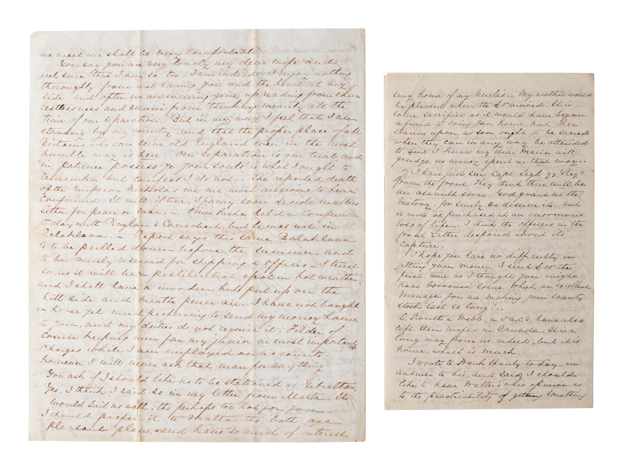 [CRIMEAN WAR]. Two letters from a British soldier during the Crimean War. "Balaklava," 1855.