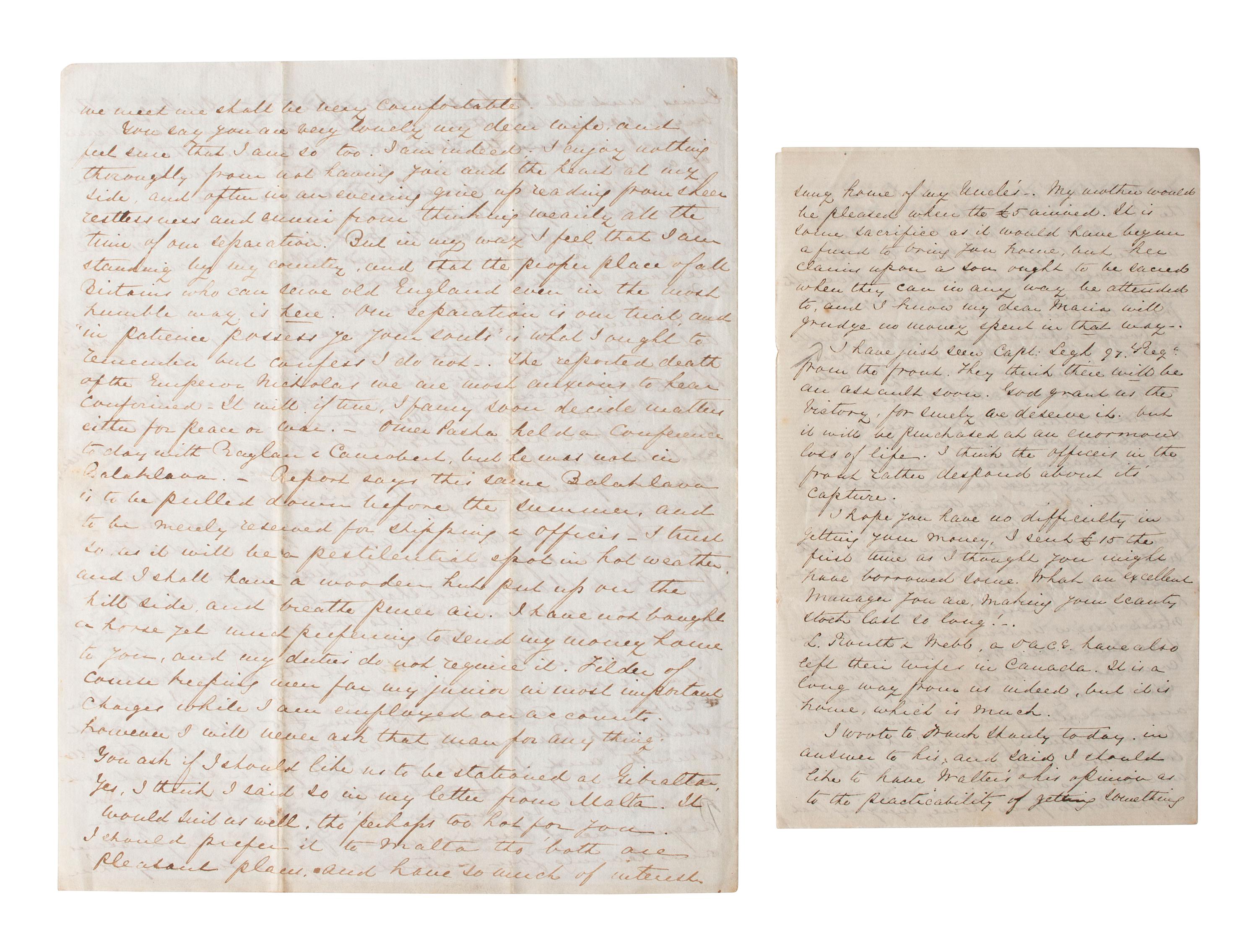 [CRIMEAN WAR]. Two letters from a British soldier during the Crimean War. "Balaklava," 1855.