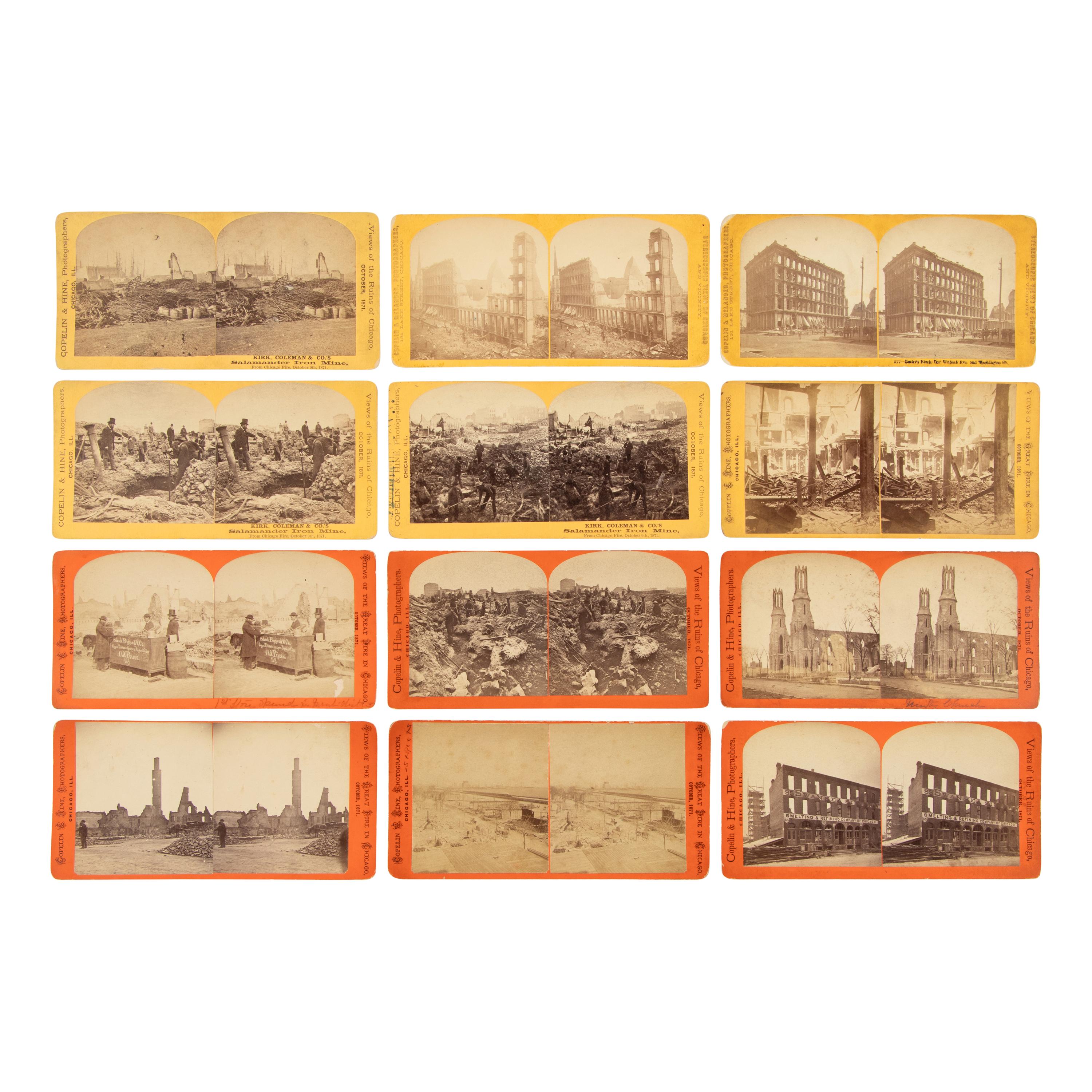 [Chicago Fire]. A collection of 96 stereoviews taken before and after the Great Chicago Fire of 1871, many by Copelin and Melander.