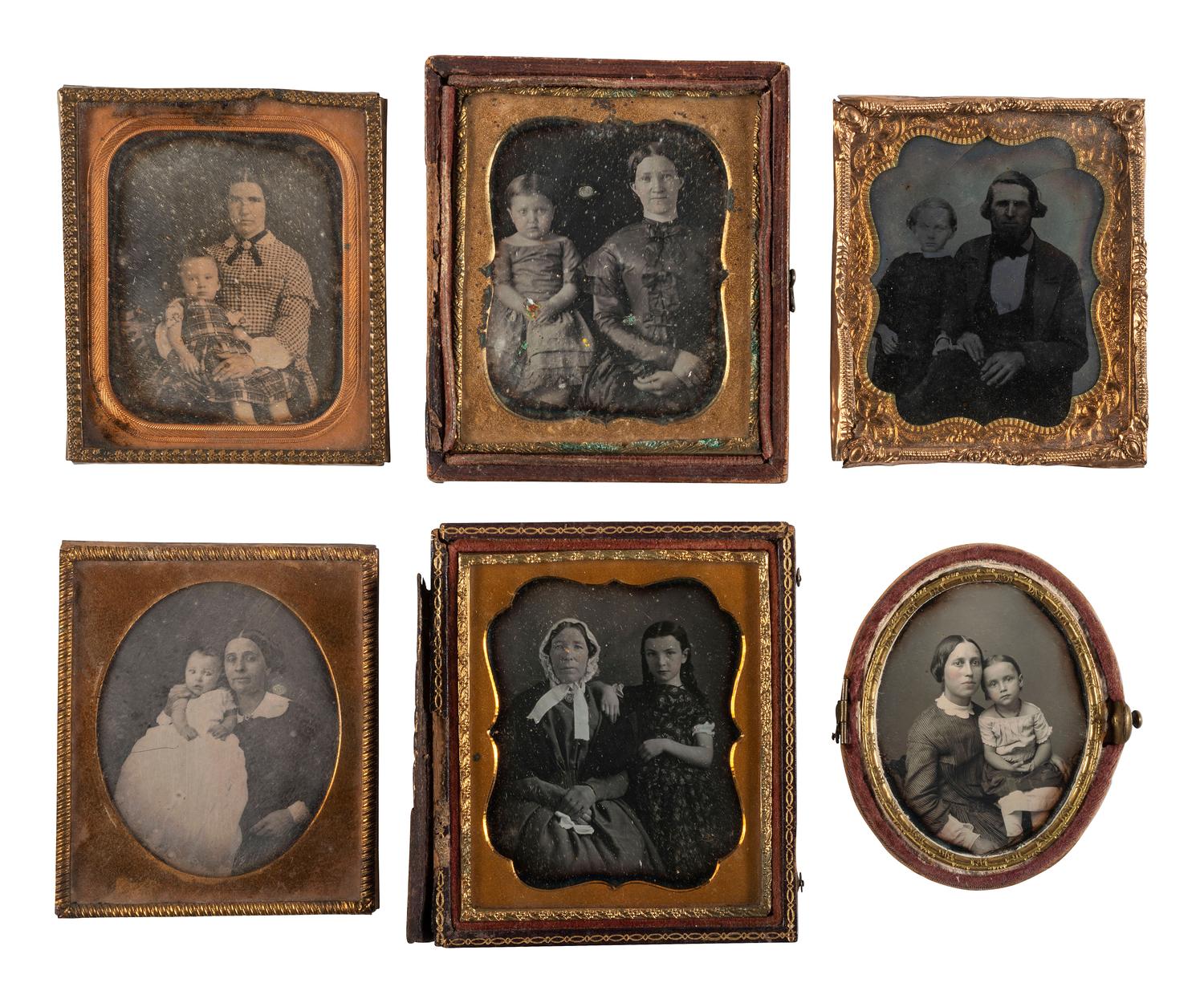 [EARLY PHOTOGRAPHY]. A group of 22 daguerreotype and tintype portraits of parents with children, including: