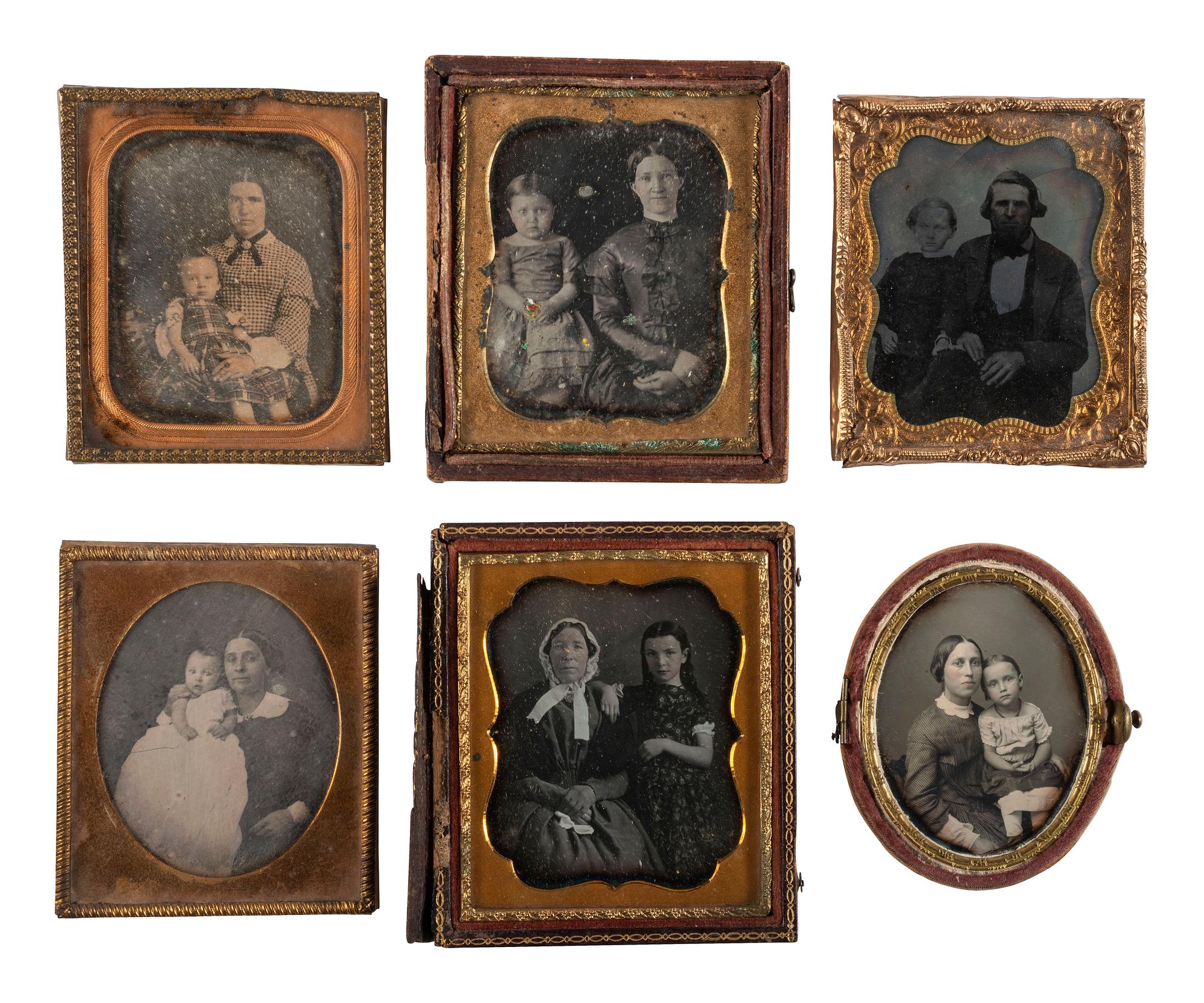 [EARLY PHOTOGRAPHY]. A group of 22 daguerreotype and tintype portraits of parents with children, including: