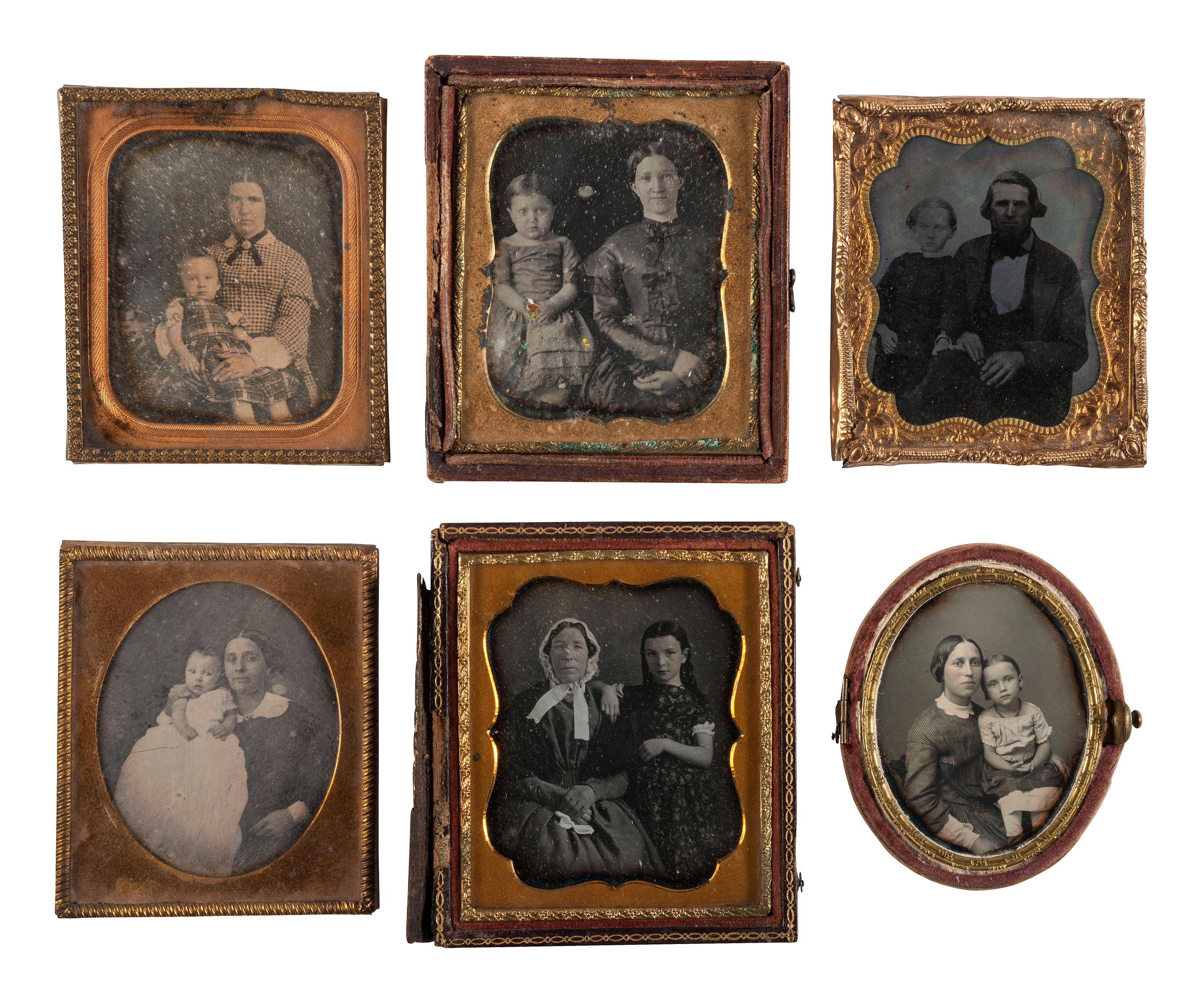 [EARLY PHOTOGRAPHY]. A group of 22 daguerreotype and tintype portraits of parents with children, including: