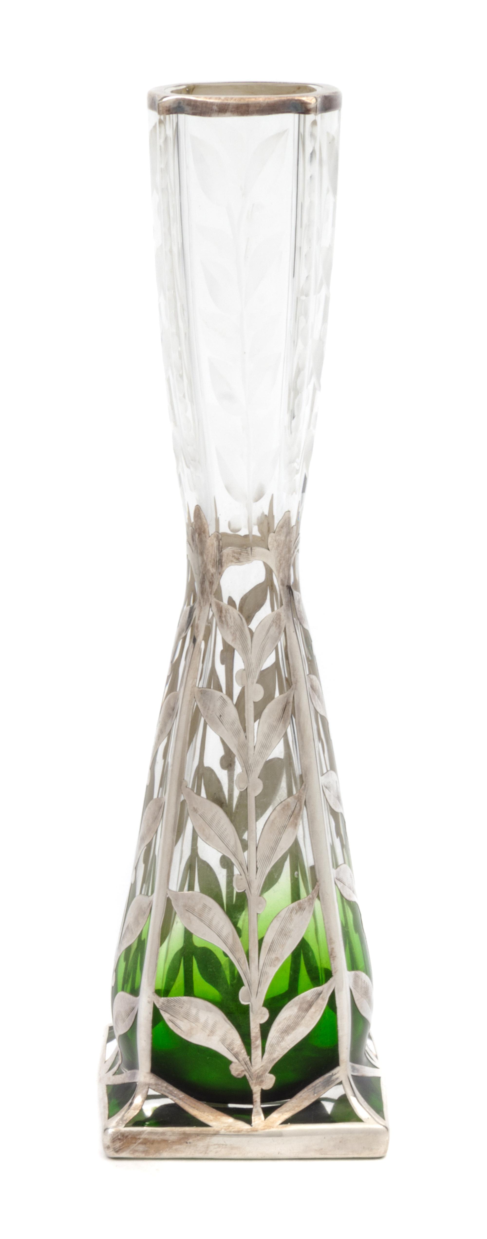 A Silver Overlay Wheel Cut Glass Vase Height 8 inches.