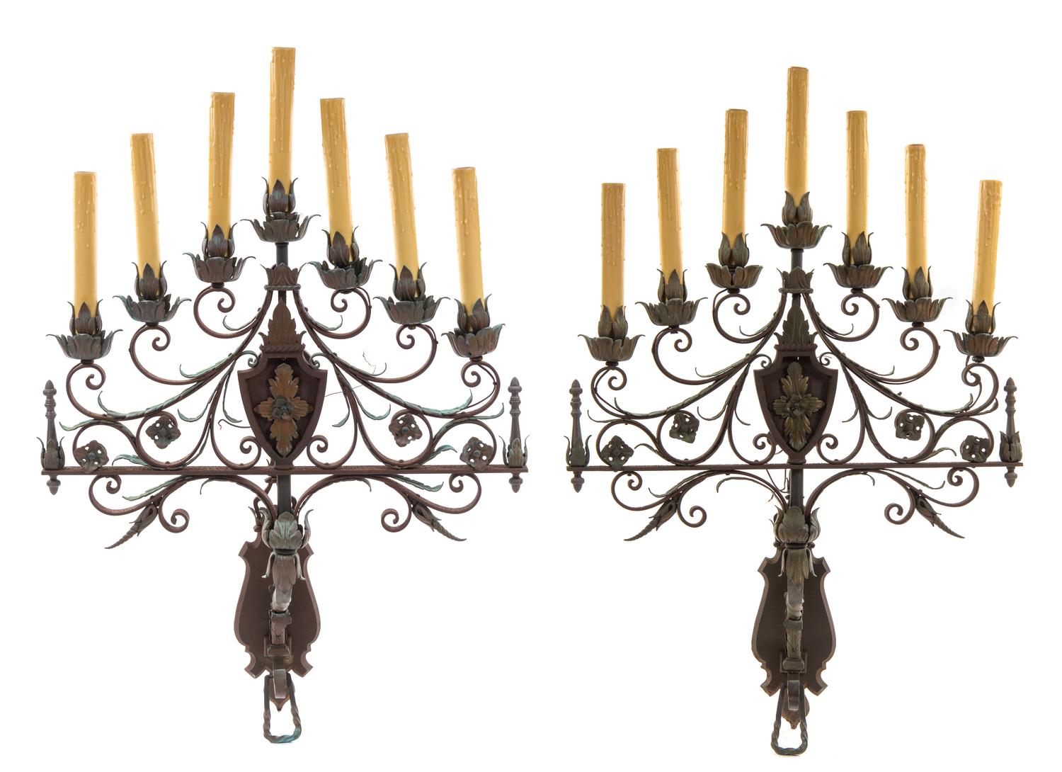 A Pair of Wrought Iron Seven-Light Sconces Height 34 x width 31 inches. — STYLE OF ADDISON MIZNER, EARLY 20TH CENTURY