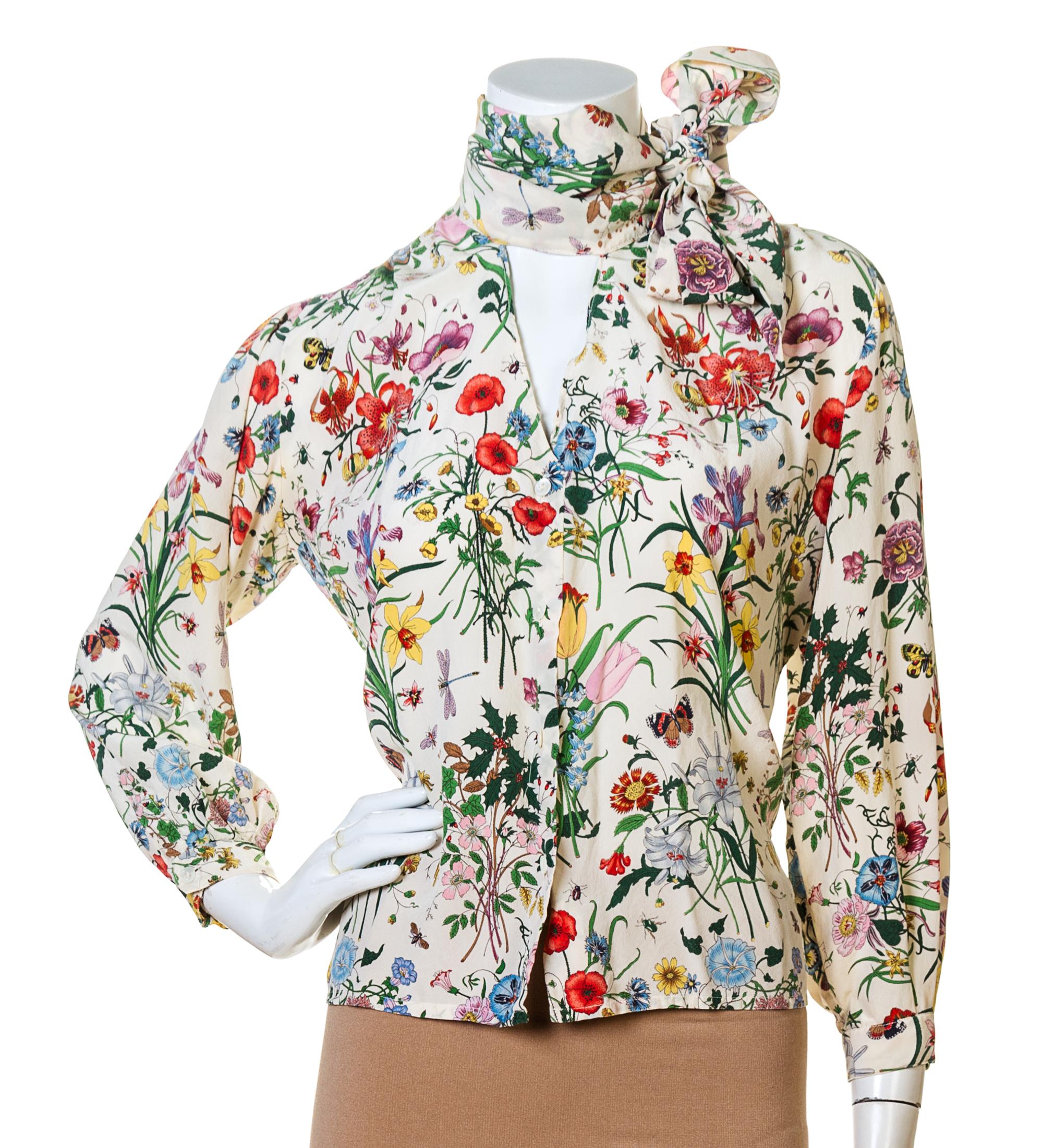 A Gucci Cream Silk Floral Sheer Blouse, Size 40.