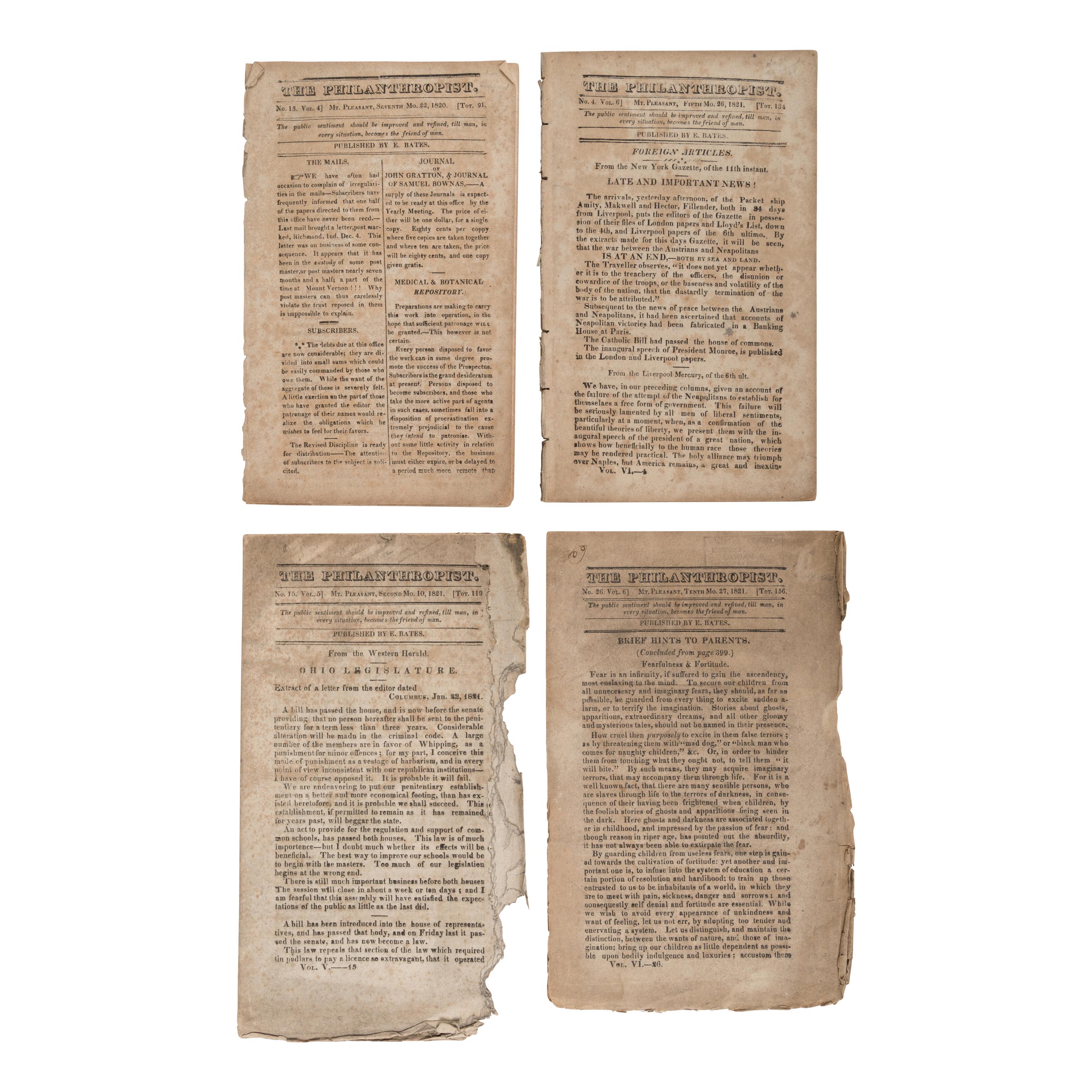 [Ohio - Quakers]. Bates, Elisha (1781-1861). The Philanthropist . Mount Pleasant, OH: 1820-1821.