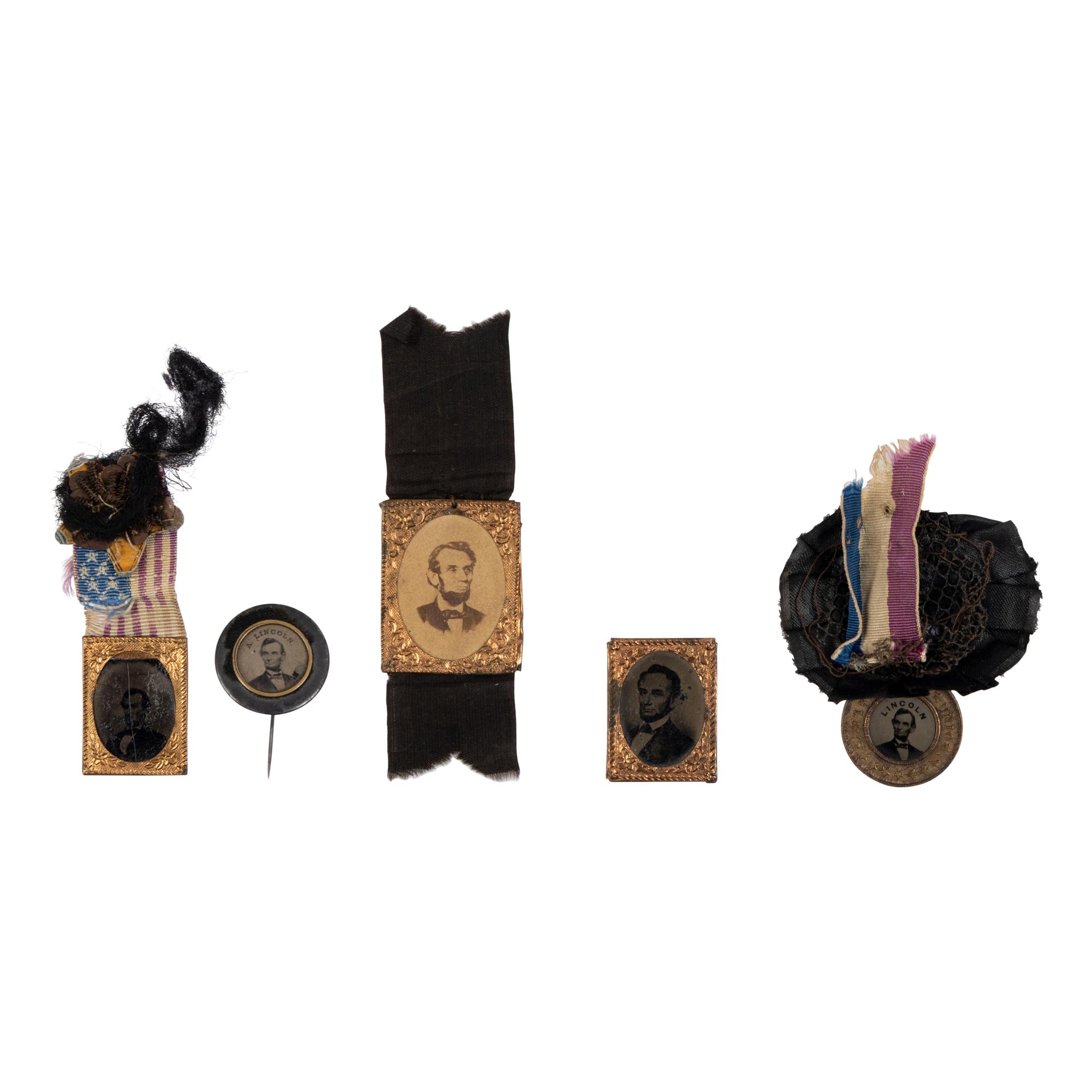 [LINCOLN FUNERAL]. A group of 4 mourning badges and 1 campaign badge, comprising: