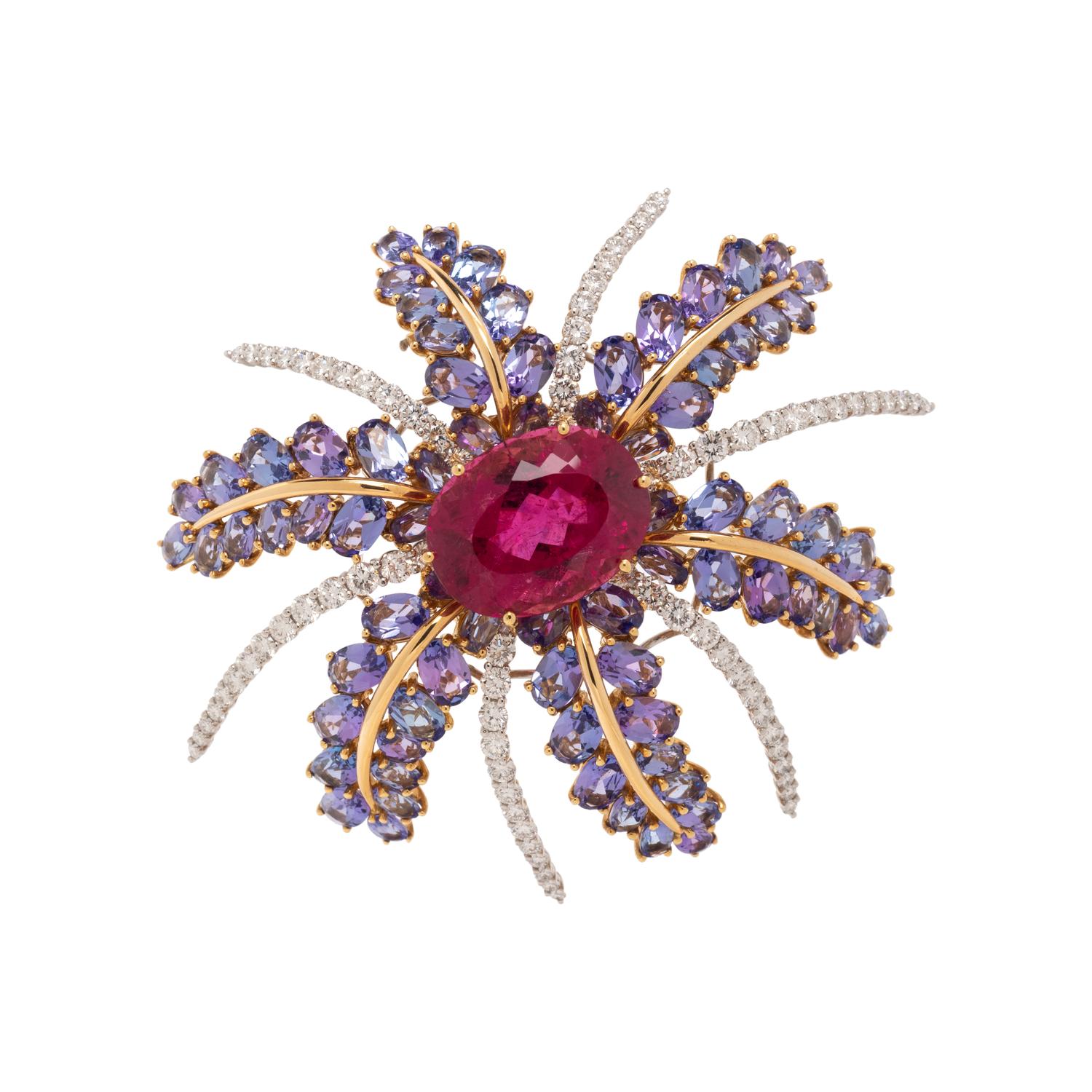 TIFFANY & CO., RUBELLITE TOURMALINE, TANZANITE, AND DIAMOND 'FIREWORKS' BROOCH