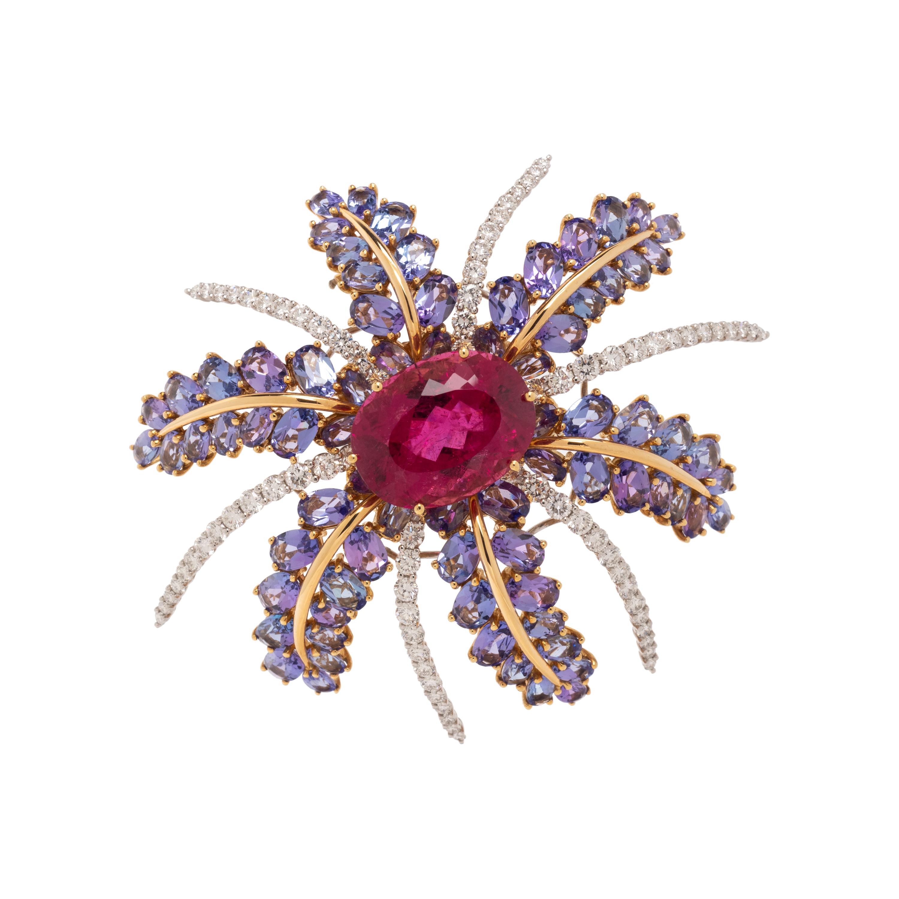 TIFFANY & CO., RUBELLITE TOURMALINE, TANZANITE, AND DIAMOND 'FIREWORKS' BROOCH