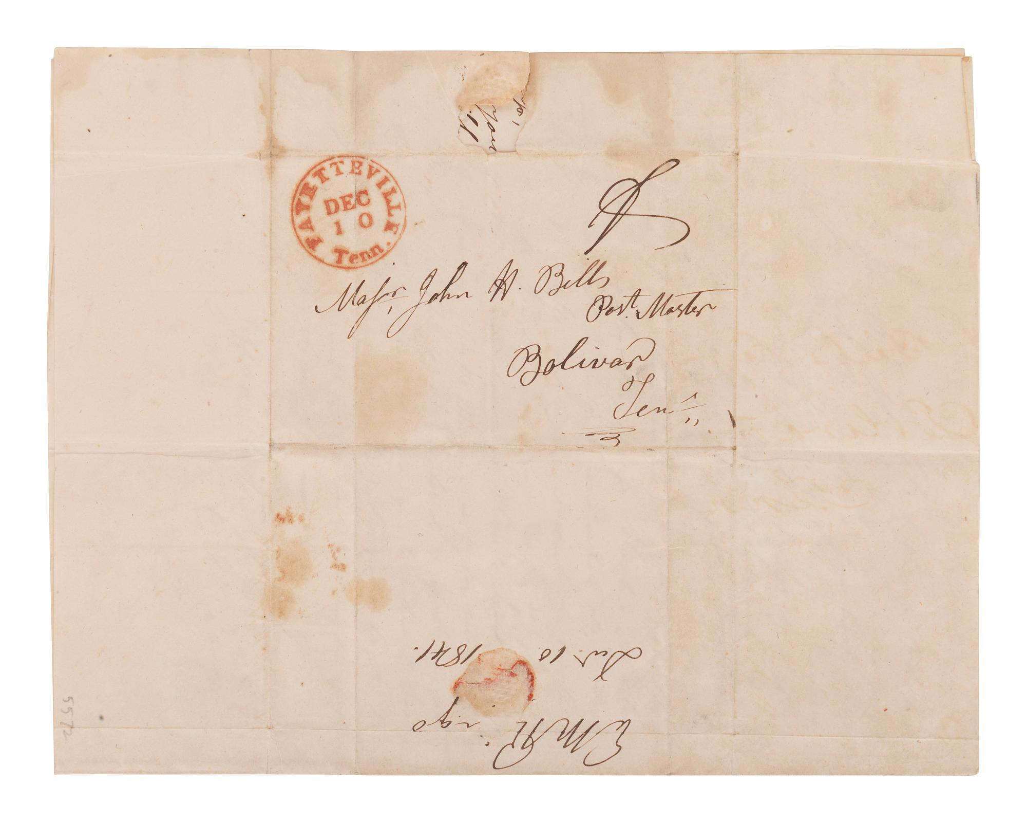 [ENSLAVEMENT]. Letter directing conveyance of slaves via wagon driven by a "Black man." TN, 1841.