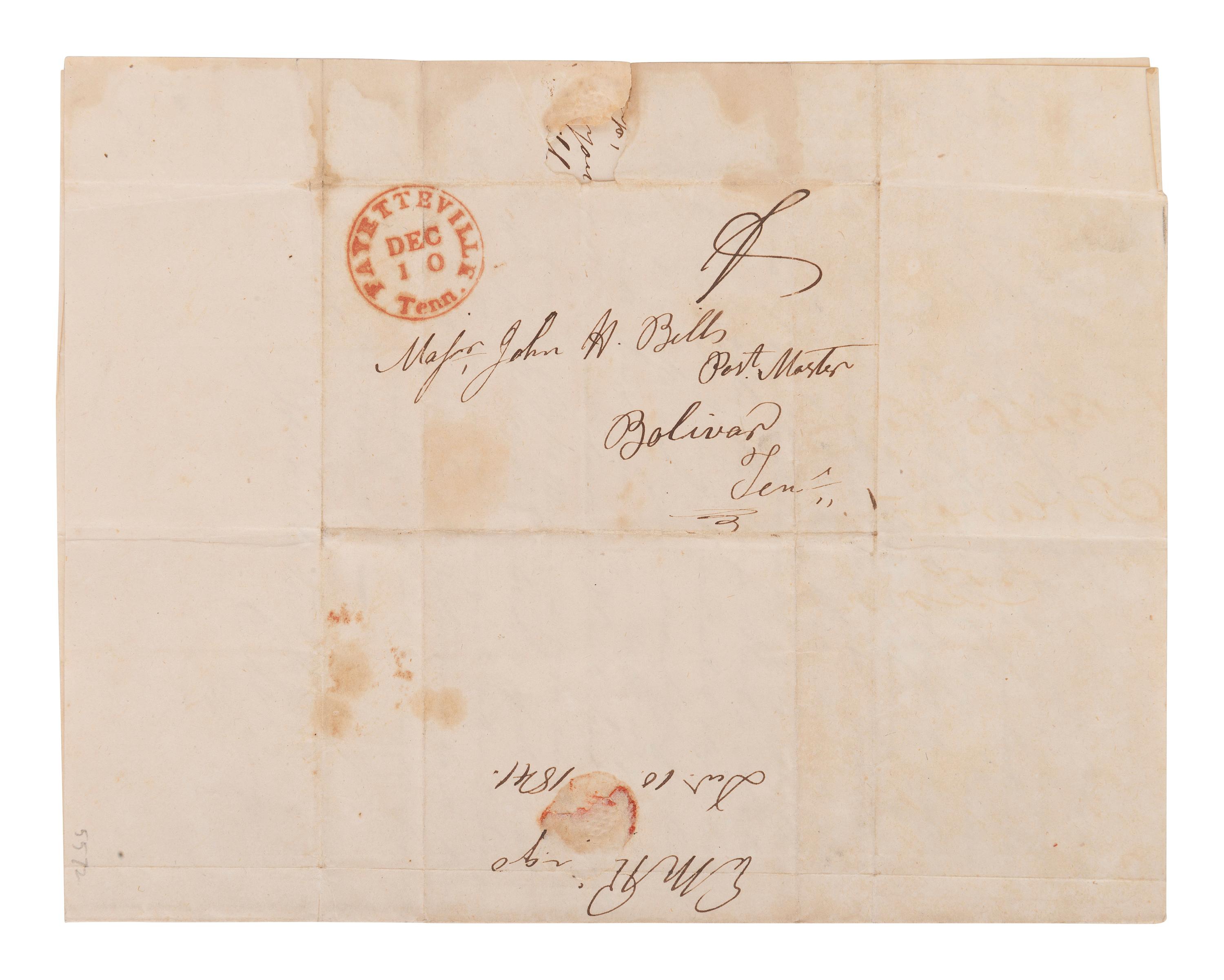 [ENSLAVEMENT]. Letter directing conveyance of slaves via wagon driven by a "Black man." TN, 1841.