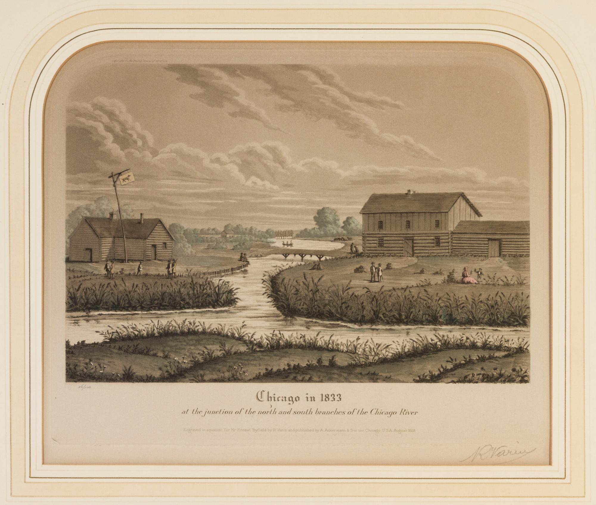 (CHICAGO) VARIN, RAOUL. A group of four original color aquatints, depicting various views of Chicago, various dates. Framed.