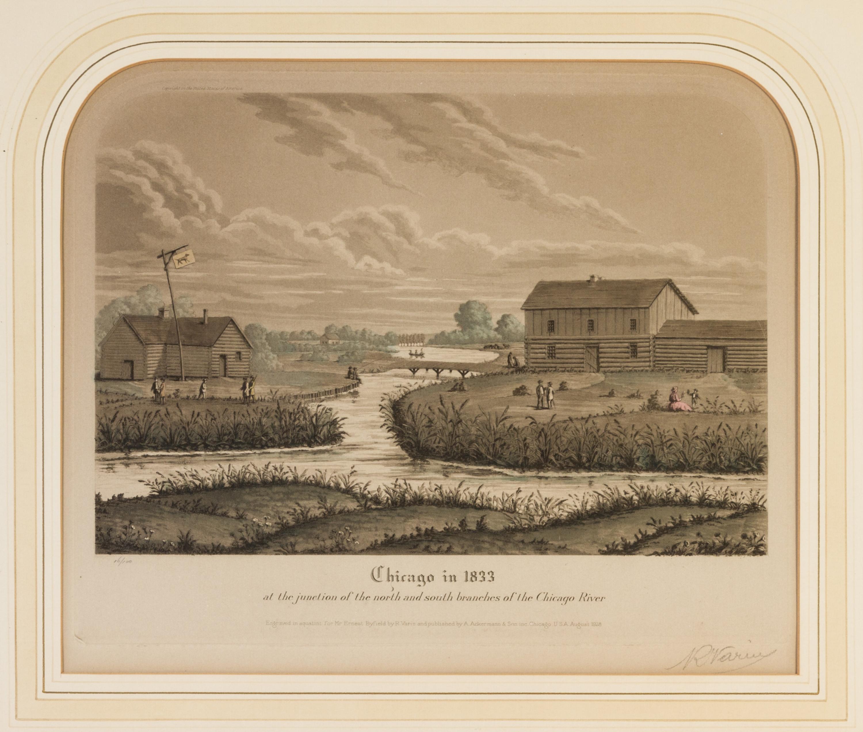 (CHICAGO) VARIN, RAOUL. A group of four original color aquatints, depicting various views of Chicago, various dates. Framed.