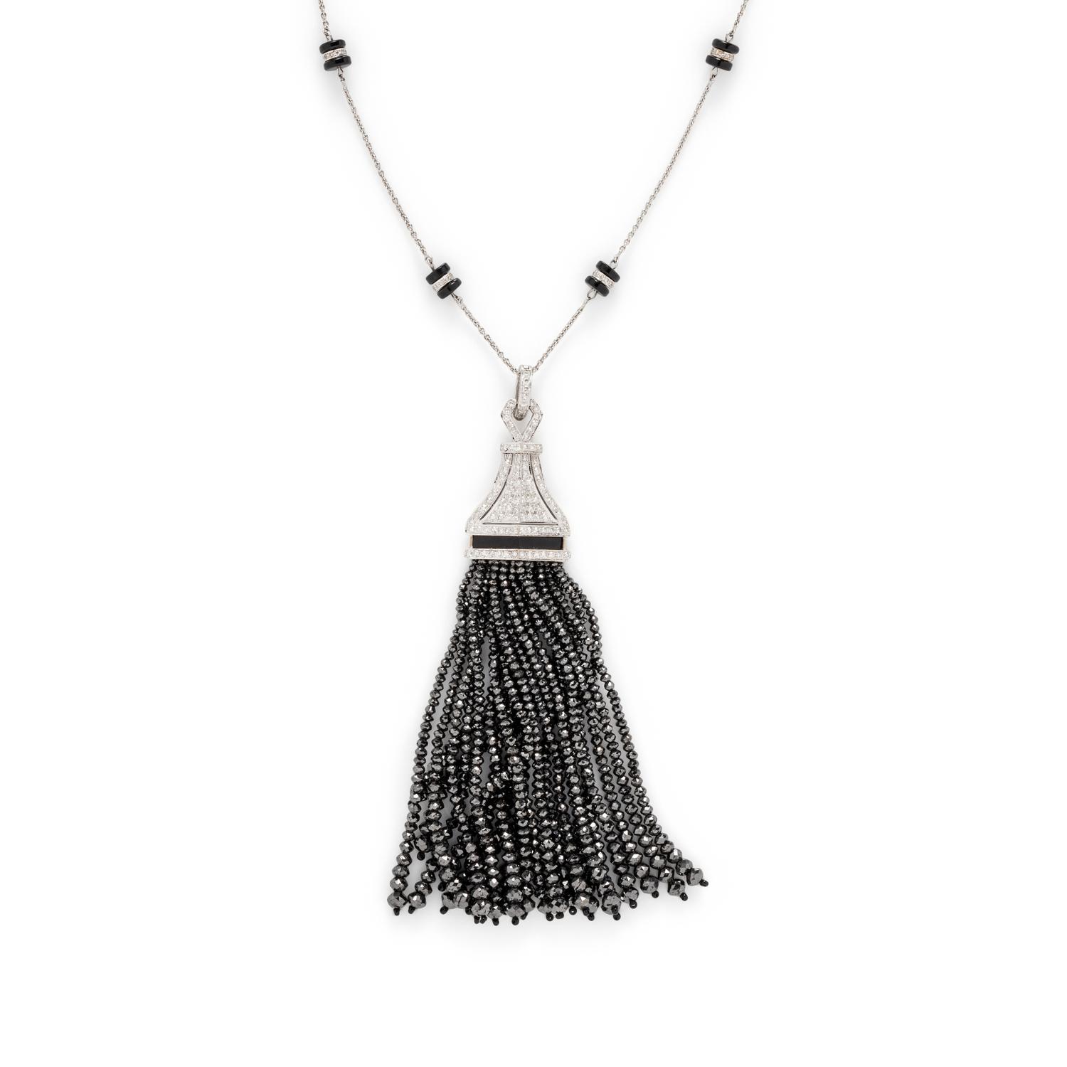 DIAMOND AND BLACK DIAMOND TASSEL NECKLACE