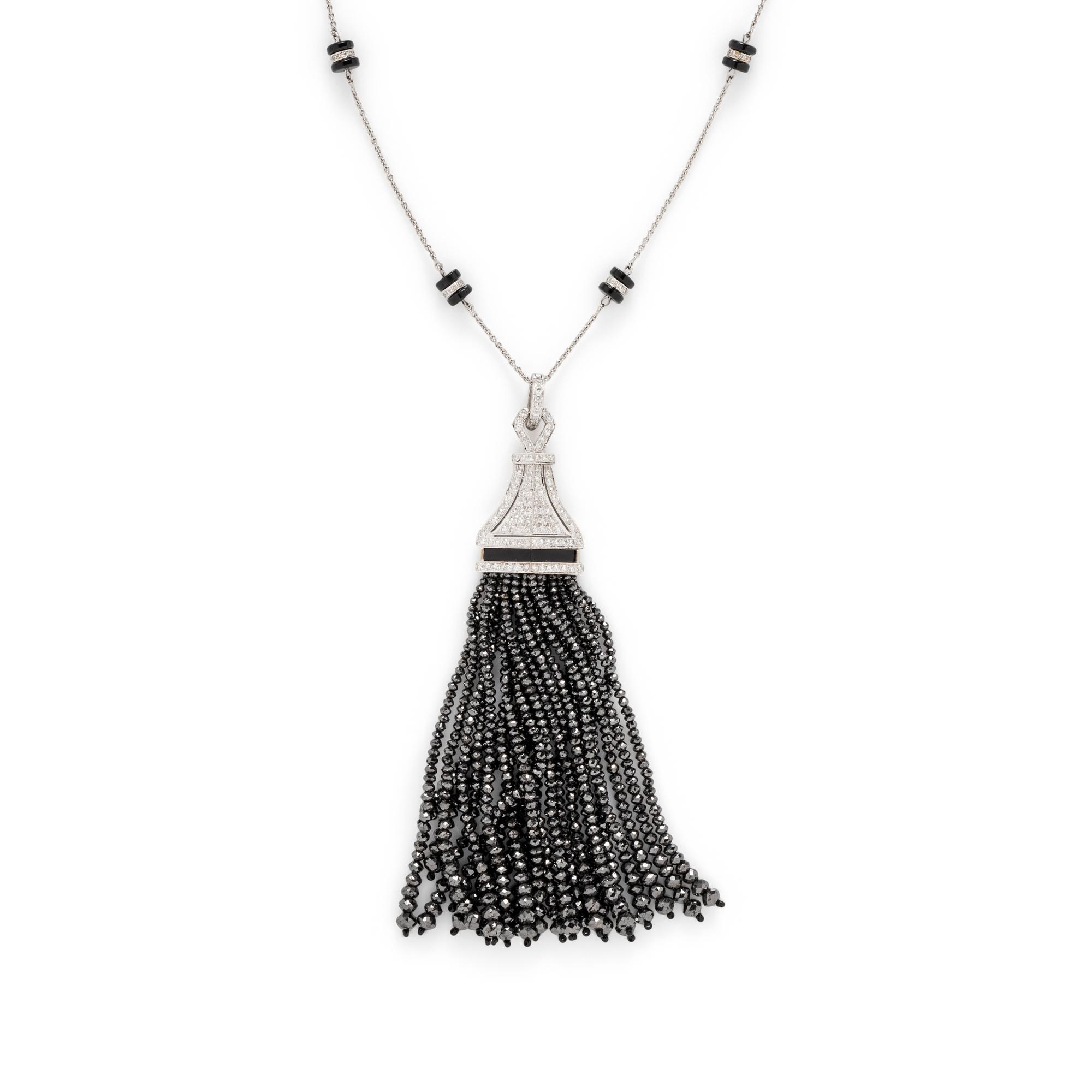 DIAMOND AND BLACK DIAMOND TASSEL NECKLACE
