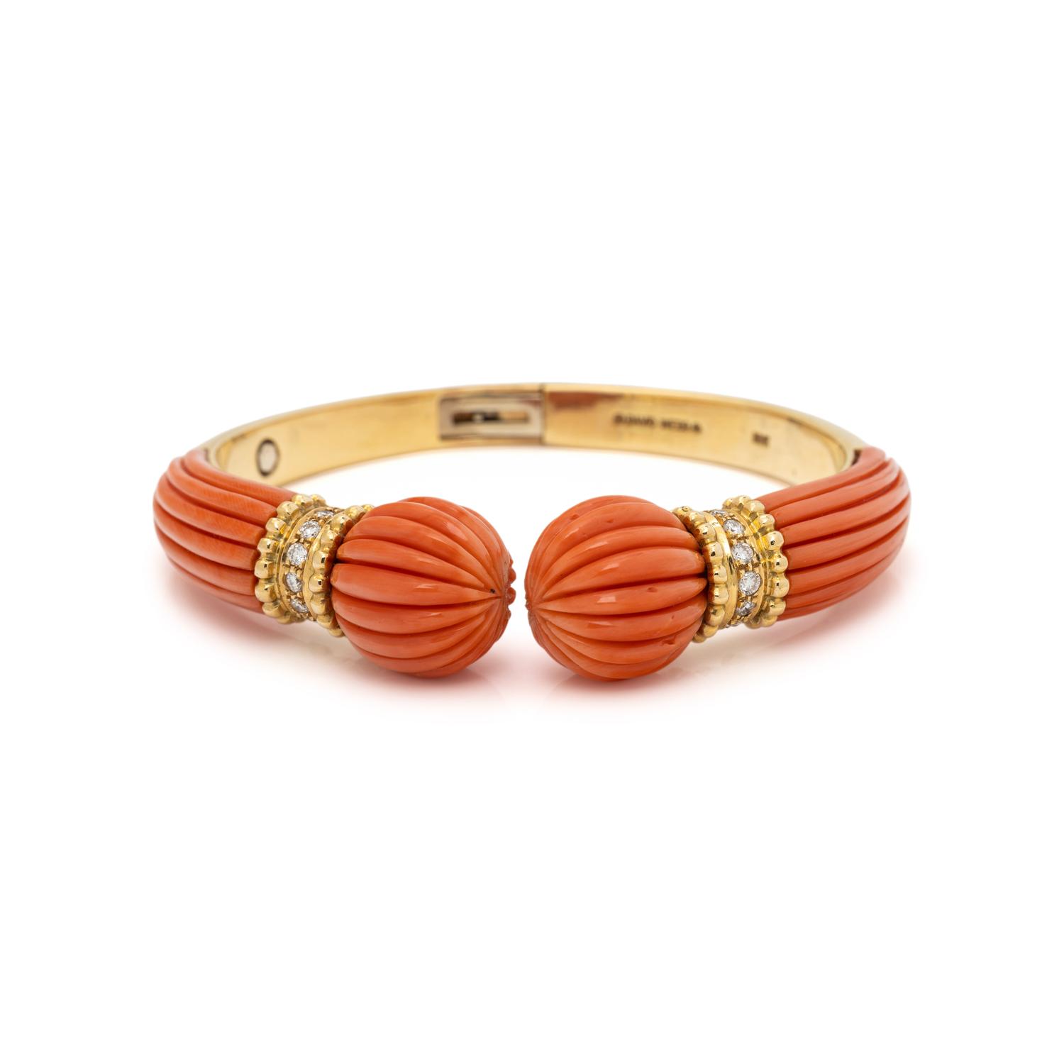 DAVID WEBB, CARVED CORAL AND DIAMOND CUFF BRACELET