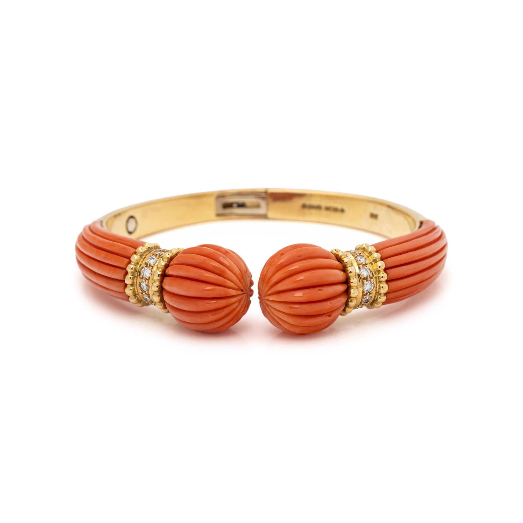 DAVID WEBB, CARVED CORAL AND DIAMOND CUFF BRACELET
