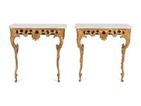 A Pair of North European Rococo Giltwood Marble-Top Console Tables