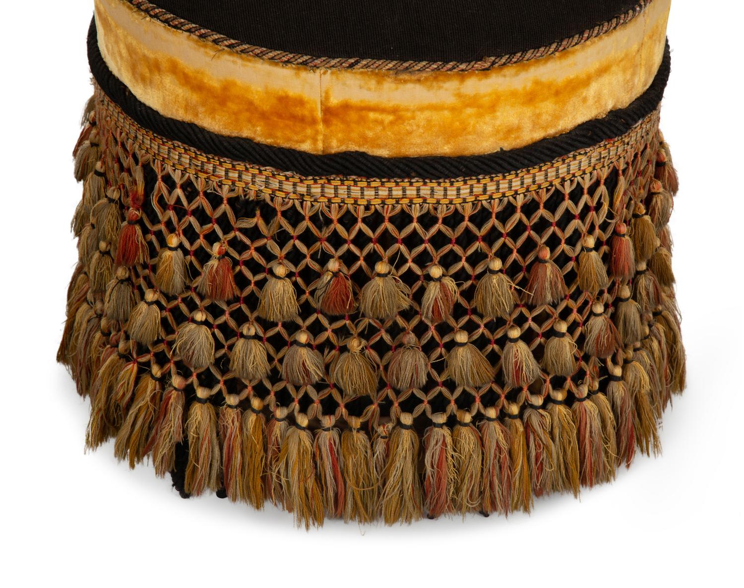 A Pair of Regency Style Needlework, Velvet and Fringed Circular Stools
