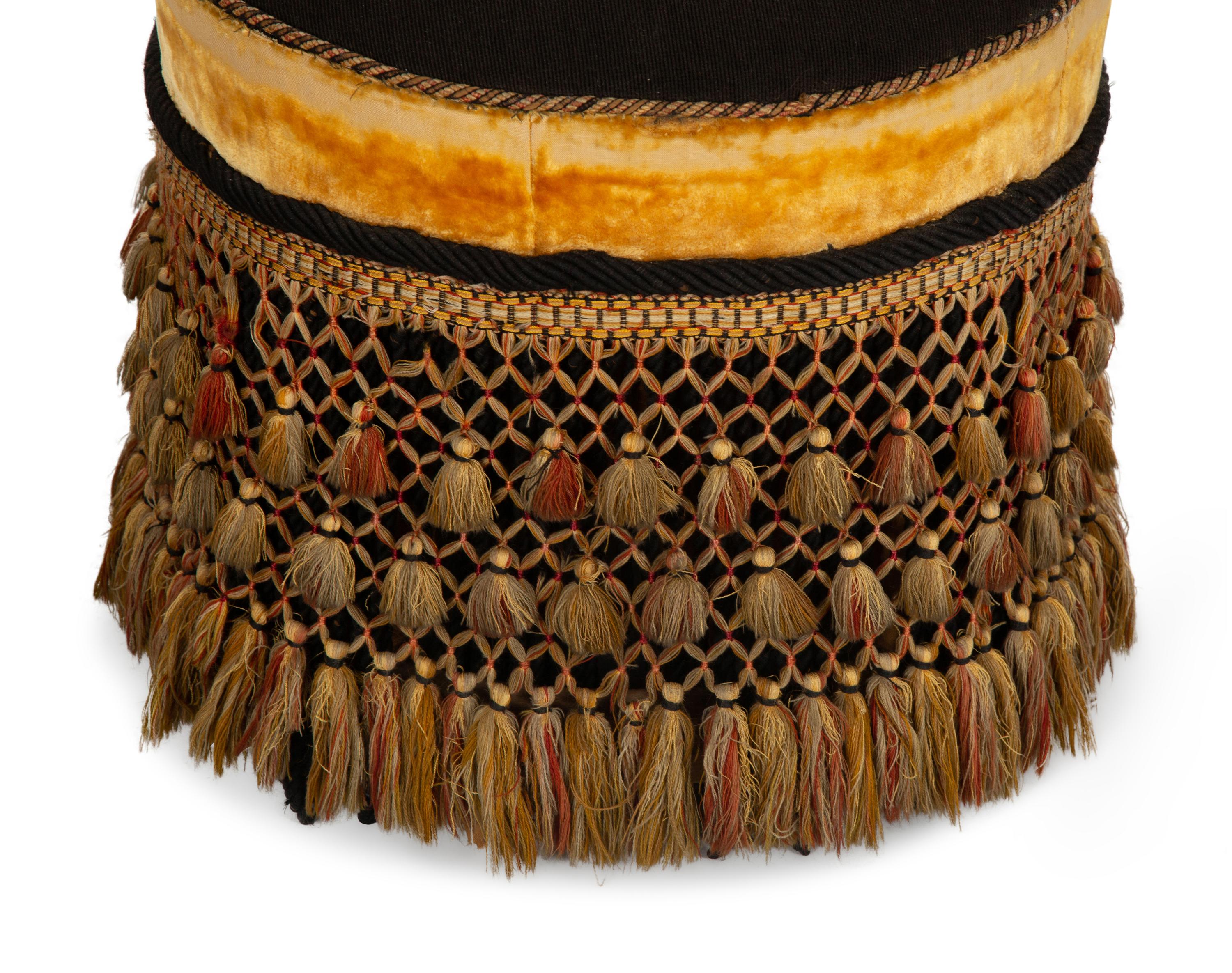 A Pair of Regency Style Needlework, Velvet and Fringed Circular Stools