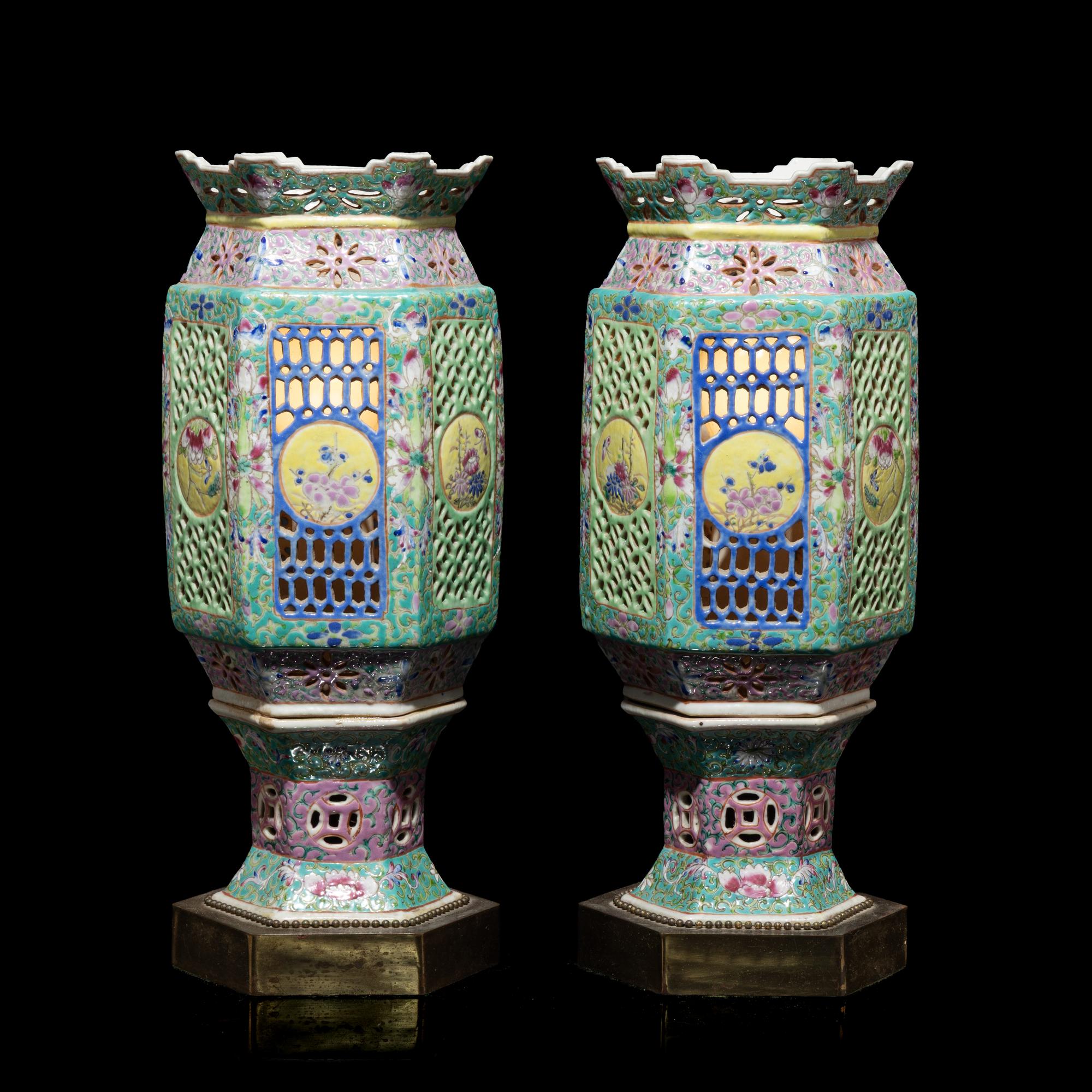 A Pair of Chinese Famille Rose Porcelain Lanterns, Early-Mid 20th Century 近代 粉彩鏤雕瓷宮燈一對