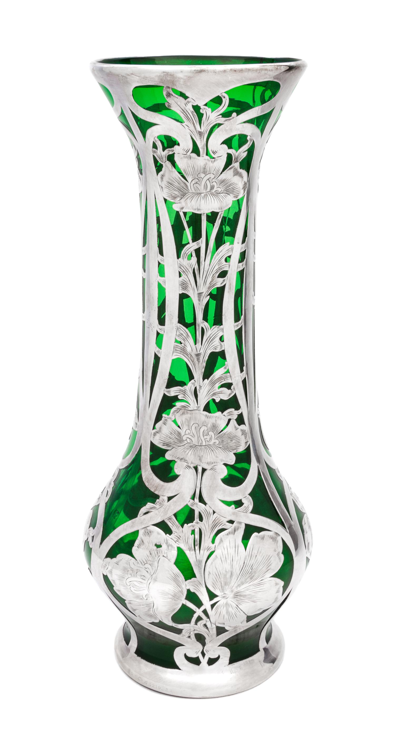 An Art Nouveau Silver Overlay Vase Height 13 7/8 inches.