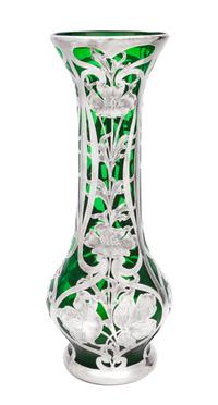 An Art Nouveau Silver Overlay Vase Height 13 7/8 inches.