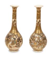 A Pair of Japanese Satsuma Porcelain Bottle Vases