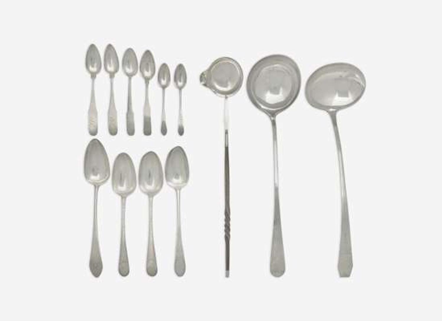 A collection of thirteen silver serving utensils and flatware, various makers, primarily New York, NY, circa 1780-1810