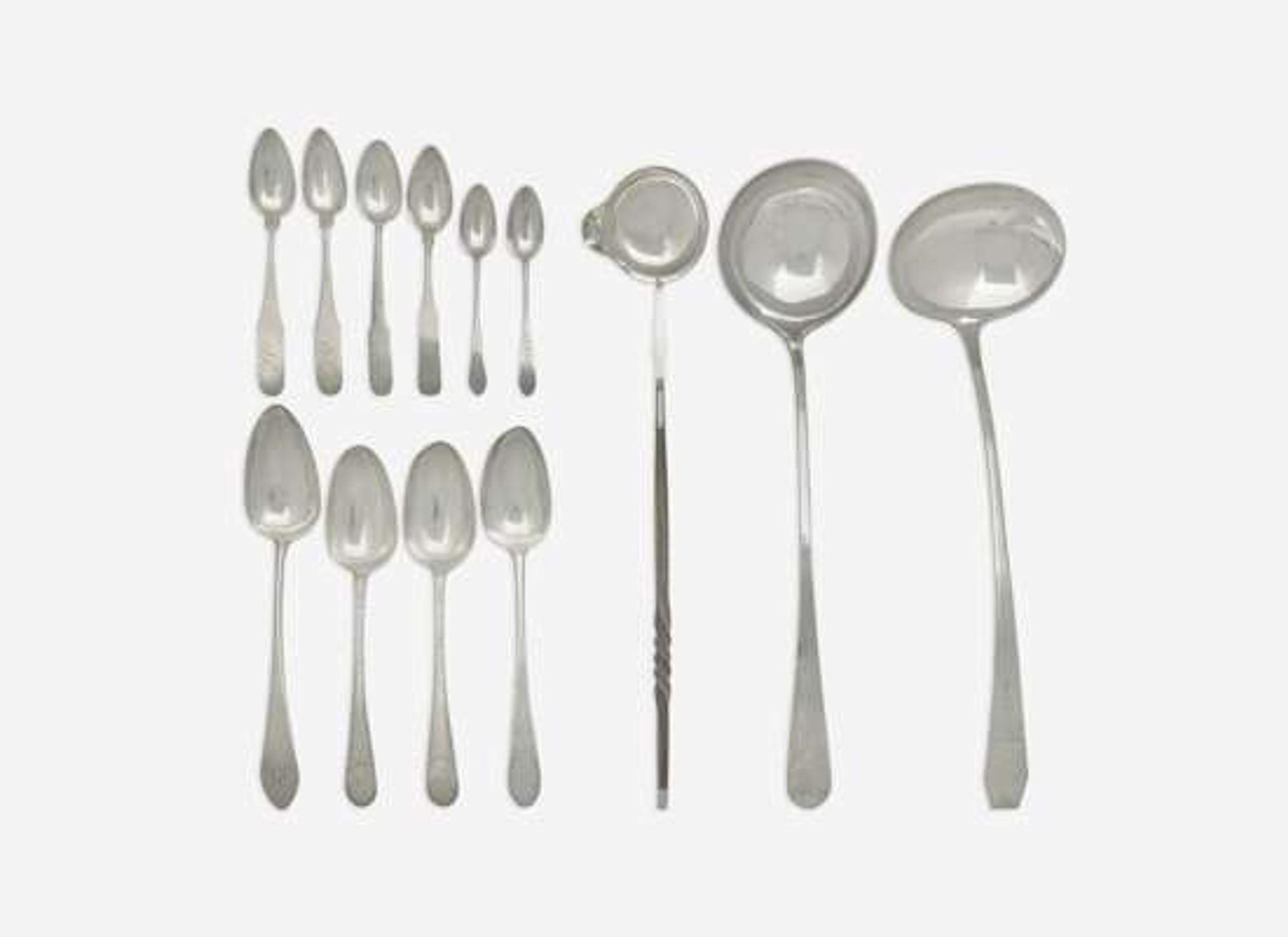 A collection of thirteen silver serving utensils and flatware, various makers, primarily New York, NY, circa 1780-1810