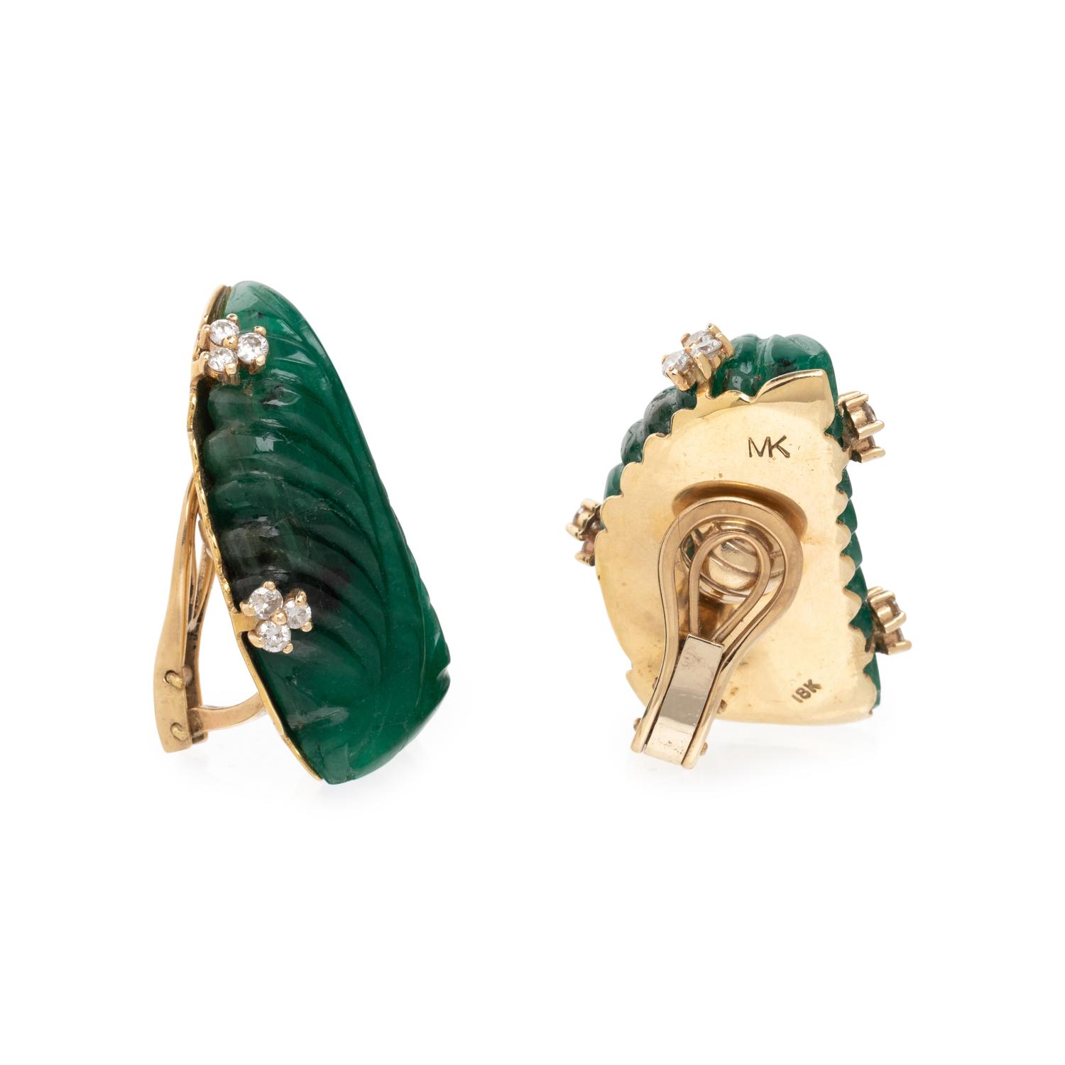 CARVED EMERALD AND DIAMOND EARCLIPS