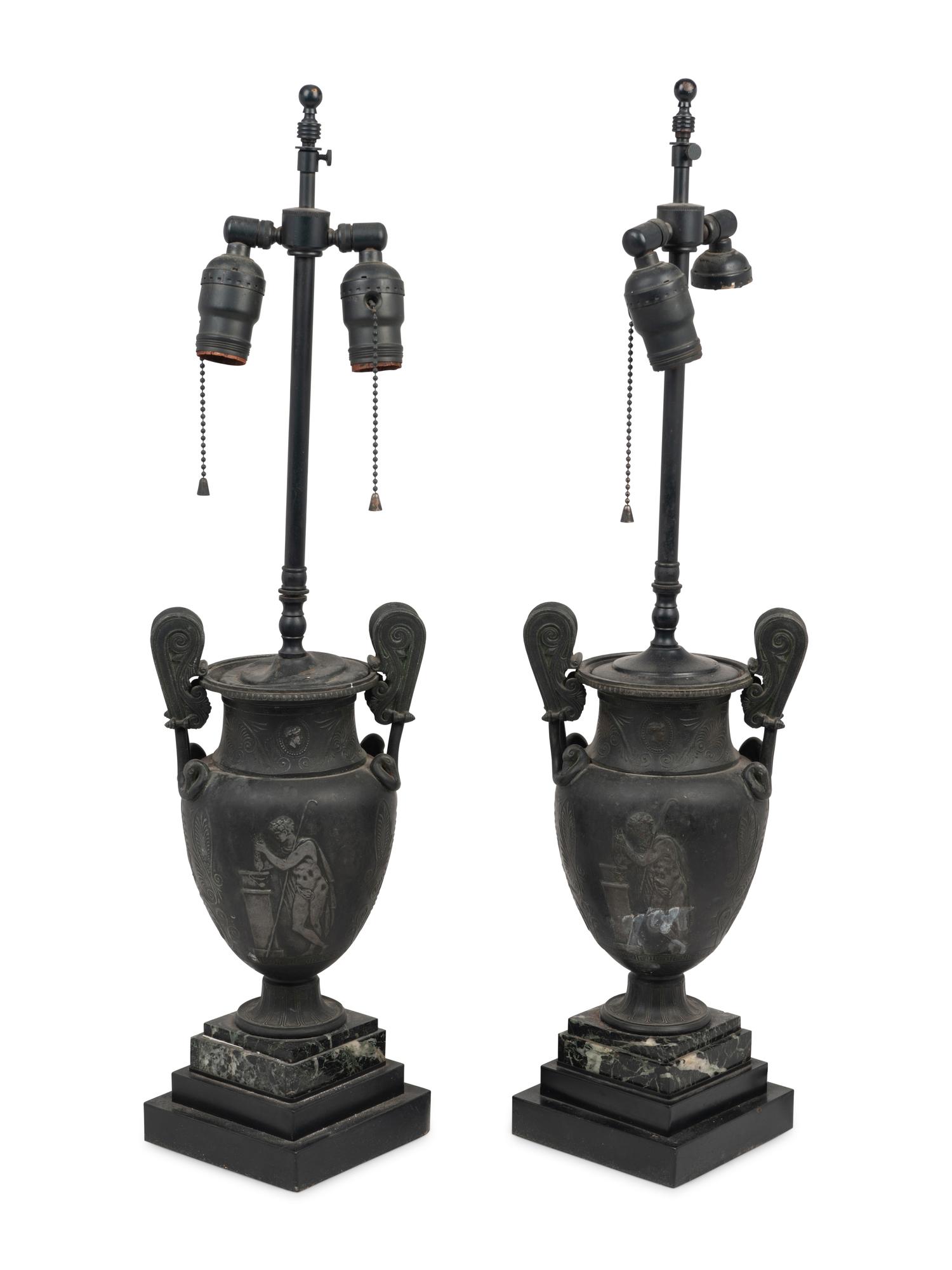 A Pair of Grand Tour Style Cast Metal Urns Mounted as Lamps with Marble Bases