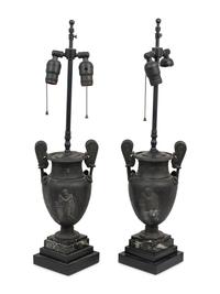 A Pair of Grand Tour Style Cast Metal Urns Mounted as Lamps with Marble Bases