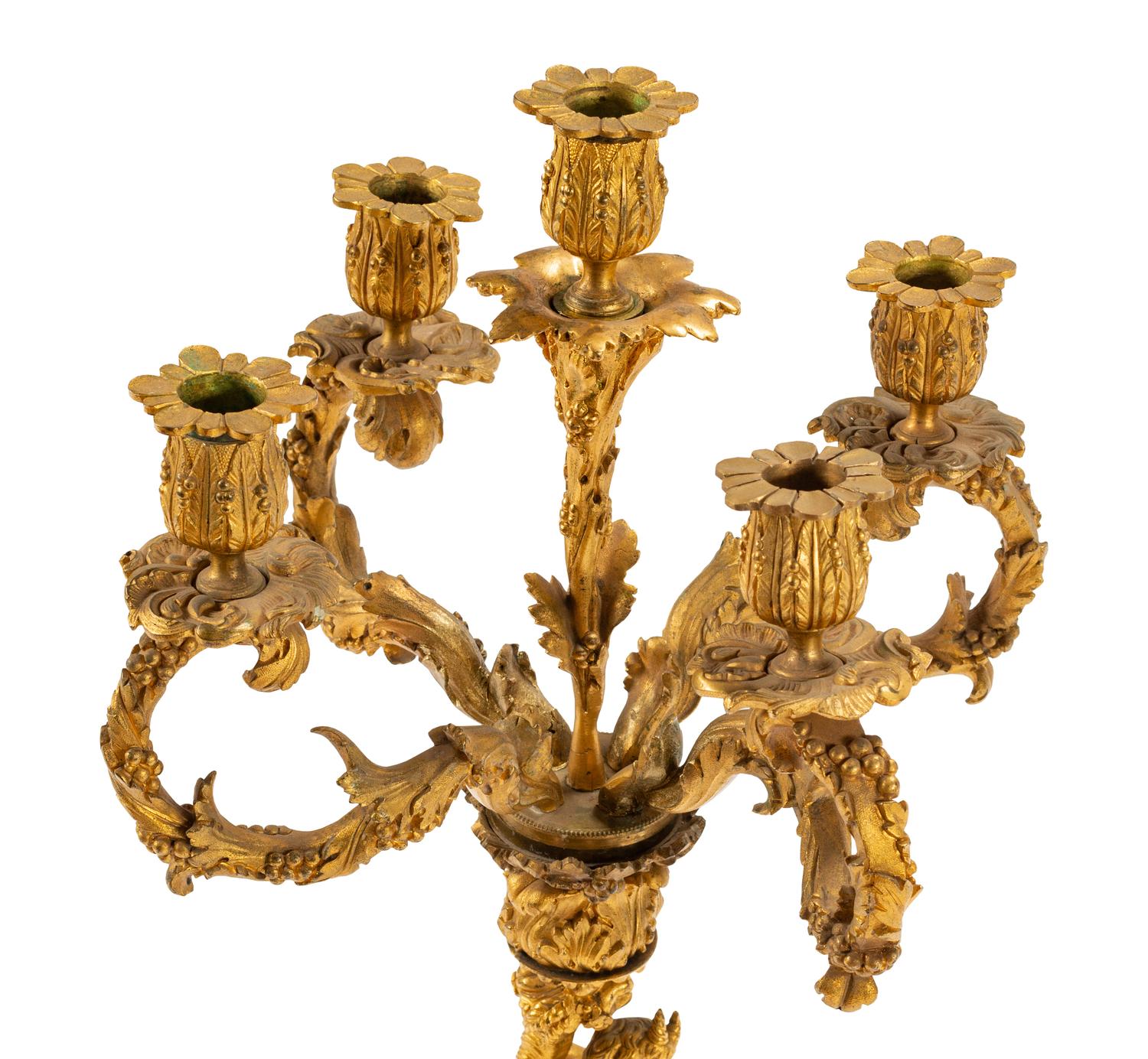 A Pair of Continental Gilt Bronze Figural Five-Light Candelabra with Malachite Veneered Bases