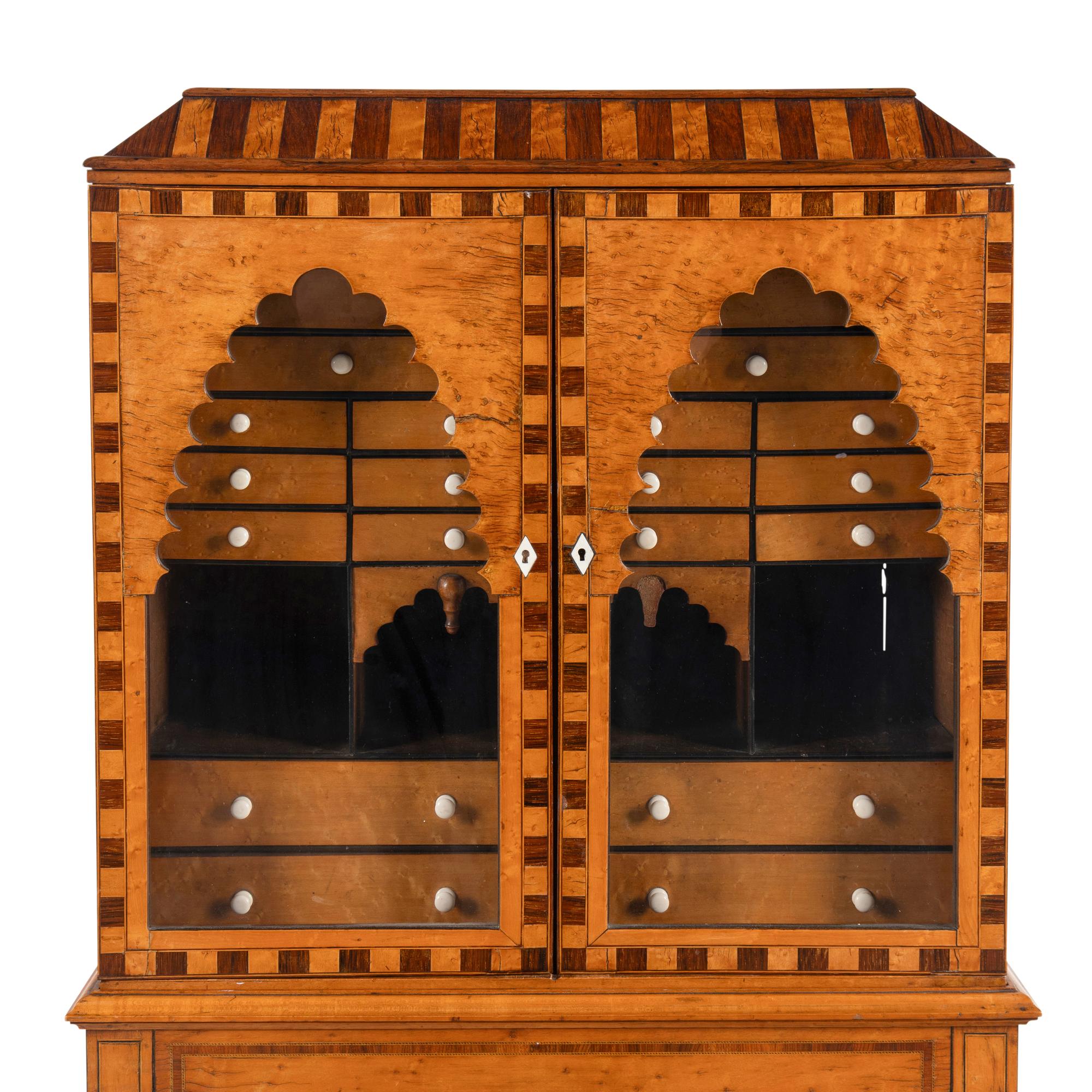 A German or Dutch Bird's Eye Maple and Rosewood Collector's Cabinet on Stand